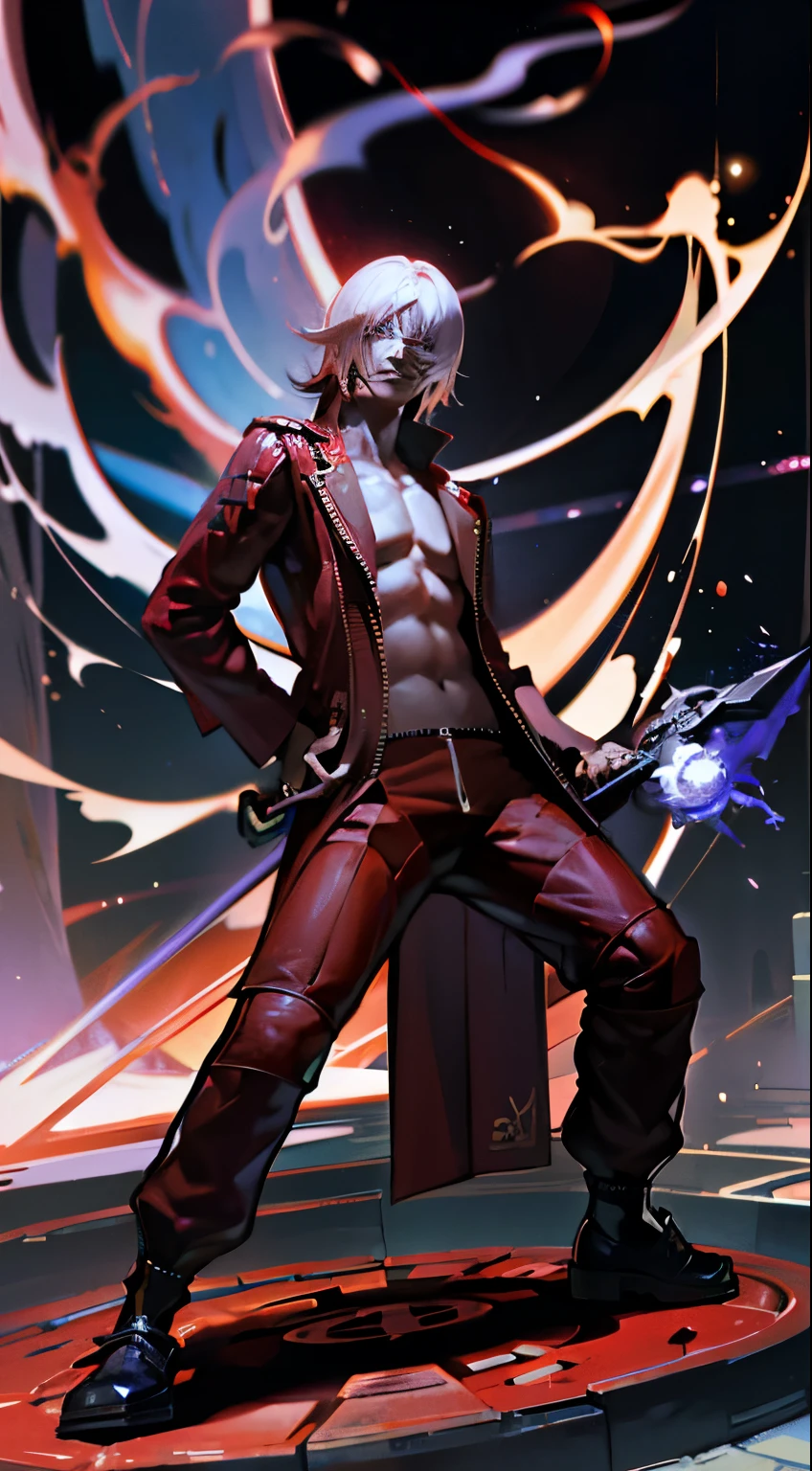 Dante, 30 years old,Half purple and half orange hair, Firewalking, Destroyed stage set，A man wearing a blue coat and holding a red three-jointed cane