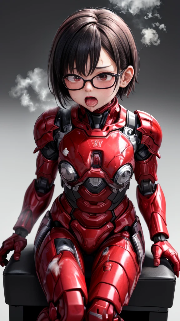 Rough skin, Very detailed, Advanced Details, High image quality, 最High image quality, High resolution, 1080P 、Bleeding from a wound、Red Armor、Wearing red and black、cute((Severe damage to the entire body))(Damaged woman wearing a robot suit...)(Red Armor)(Broken Armor)Black Hair、Glasses　short hair、Chiquita、Soaking wet、Open your mouth、Sweaty face、It hurts again、cute、、Droolinging from the mouth、Kindergarten girl　　(Steam coming out of my face) ((Steam from the body)) Sit on a chair　Touching the vagina　Drooling　look up　suffering　Filming location　Remove your helmet　Ahegao　syncope