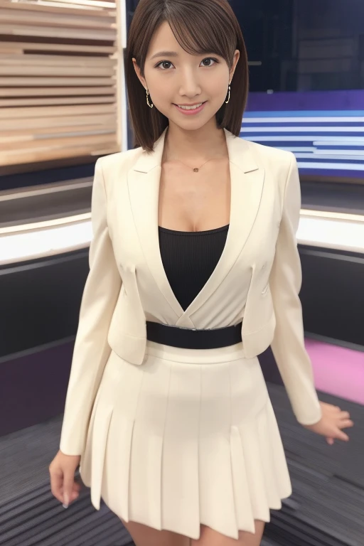 Beautiful girl:1.3,22 years old、White business suit、mini skirt、Television Studio、news caster、Ruumi Watanabe、(Nipples are visible)、(Detailed white panties)、Are standing、whole body、Thighs、Fair skin,Shyness