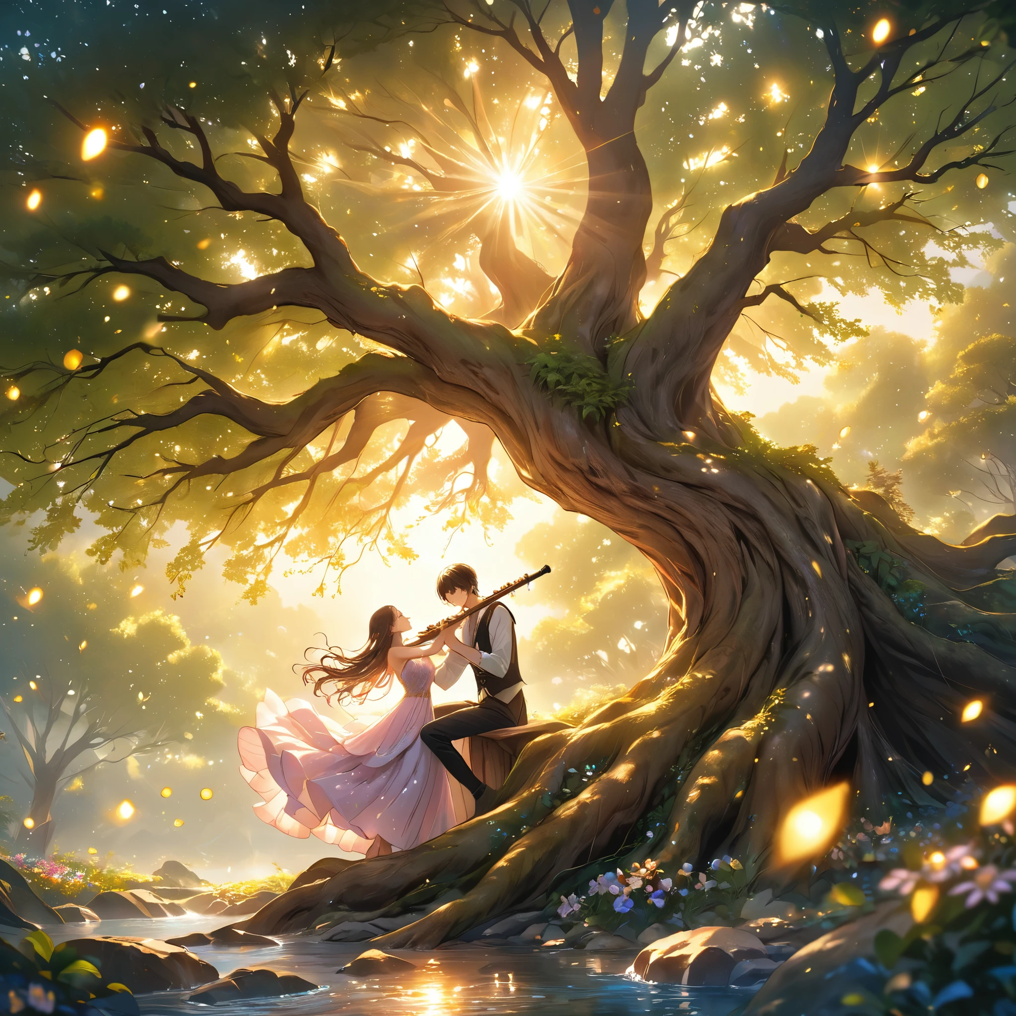 masterpiece, best quality, 8k, highres, ultra-detailed, HDR, UHD, studio lighting, ultra-fine painting, sharp focus, physically-based rendering, extreme detail description, professional,,BREAK,
1man and 1girl,
A young man sits cross-legged at the base of an enormous tree with golden bark, playing a wooden flute, his eyes closed in concentration and peace, his music filling the air with an enchanting melody, beside him, a young woman stands with her arms raised, dancing to the music, her movements are fluid and graceful, her dress, flowing and golden, shimmers in the soft light of the setting sun, pastel-colored flowers bloom around the roots of the tree, and tiny golden lights float around them like fireflies, the harmony between the flute’s melody and the dance creates an atmosphere of serenity and connection to nature, as if the tree itself is alive and listening