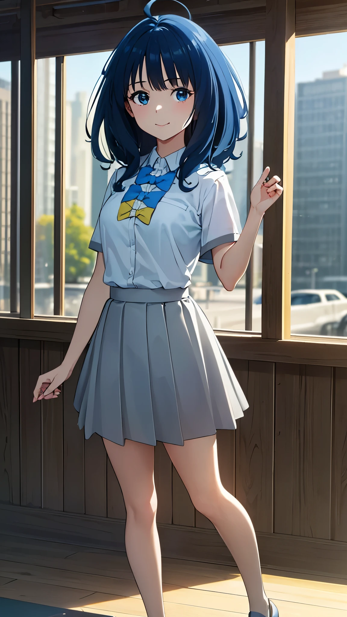 AnnaSchool, collared shirt, white shirt, blue bowtie, yellow bowtie, short sleeves, pleated skirt, grey skirt, (best quality, masterpiece:1.2), 1girl, (((masterpiece))), looking at viewer , top-quality, top-quality, High Details, 1girl, illustratio, comic strip, soothing tones, Subdued Color, Soft cinematic light, adobe lightroom, photolab, HDR, intricately and hyper-detailed、(((depth of field, (((masterpiece)))。(((top-quality))).)((ultra-detailliert)))。(((illustratio)))。(((takeout))).(((up chest))).((morning glow)).((the setting sun)), solo, anime, anime screencap, ray tracing, ultra resolution image, vivid color, cinematic light, lens flare, light on face, glow eyes, depth of field, happy, detailed background, cute, straight-on, full body,