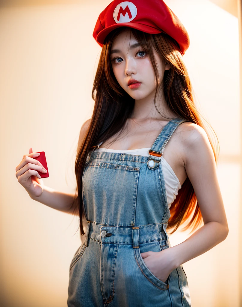 Masterpiece, best quality, 8k UHD, RAW photography, photorealistic, cinematic, 1girl, with long flowing hair, wearing a Mario costume of the videogames Super Mario, standing in a shy pose with her hands behind her back, magical atmosphere, simple white background, photography has an additional shade of of (white light:0.3), wearing a red hat and blue overalls, hat has a M letter at its center, female protagonist, asuka langley soryu, portrait of asuka langley soryu, full body zenkai! official art, professional cosplay of an anime character, mario bros costume, realistic and detailed blue eyes with solid pupils, eyes perfectly detailed and well made, hyper realistic, amazingly beautiful face, Thai Idol, 4EVE, half german half asian girl, hands behind her back:1, amazingly vivid natural orange red hair, well cared skin and hair, orange red hair:1