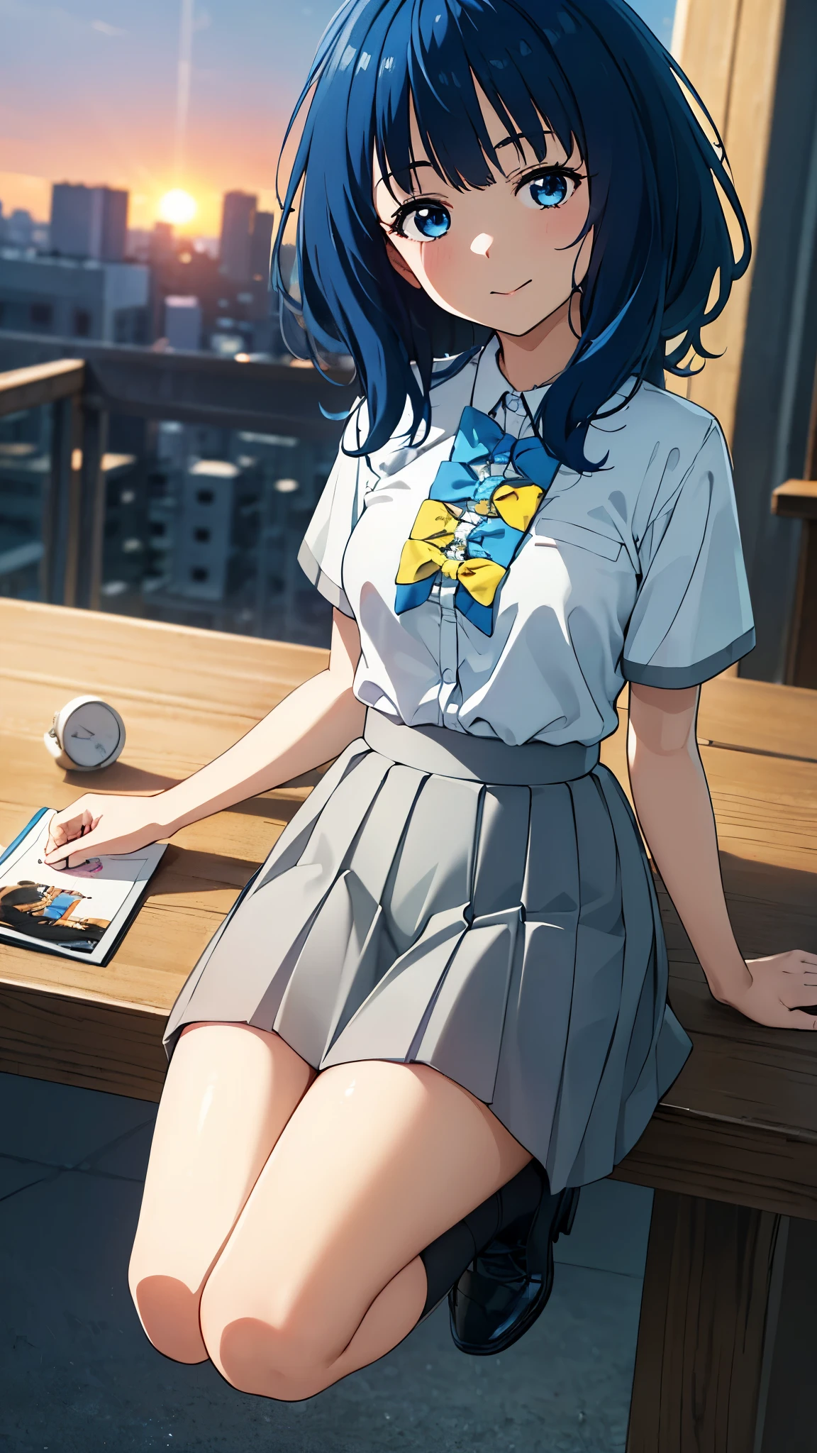 AnnaSchool, collared shirt, white shirt, blue bowtie, yellow bowtie, short sleeves, pleated skirt, grey skirt, (best quality, masterpiece:1.2), 1girl, (((masterpiece))), looking at viewer , top-quality, top-quality, High Details, 1girl, illustratio, comic strip, soothing tones, Subdued Color, Soft cinematic light, adobe lightroom, photolab, HDR, intricately and hyper-detailed、(((depth of field, (((masterpiece)))。(((top-quality))).)((ultra-detailliert)))。(((illustratio)))。(((takeout))).(((up chest))).((morning glow)).((the setting sun)), solo, anime, anime screencap, ray tracing, ultra resolution image, vivid color, cinematic light, lens flare, light on face, glow eyes, depth of field, happy, detailed background, cute, straight-on, full body,