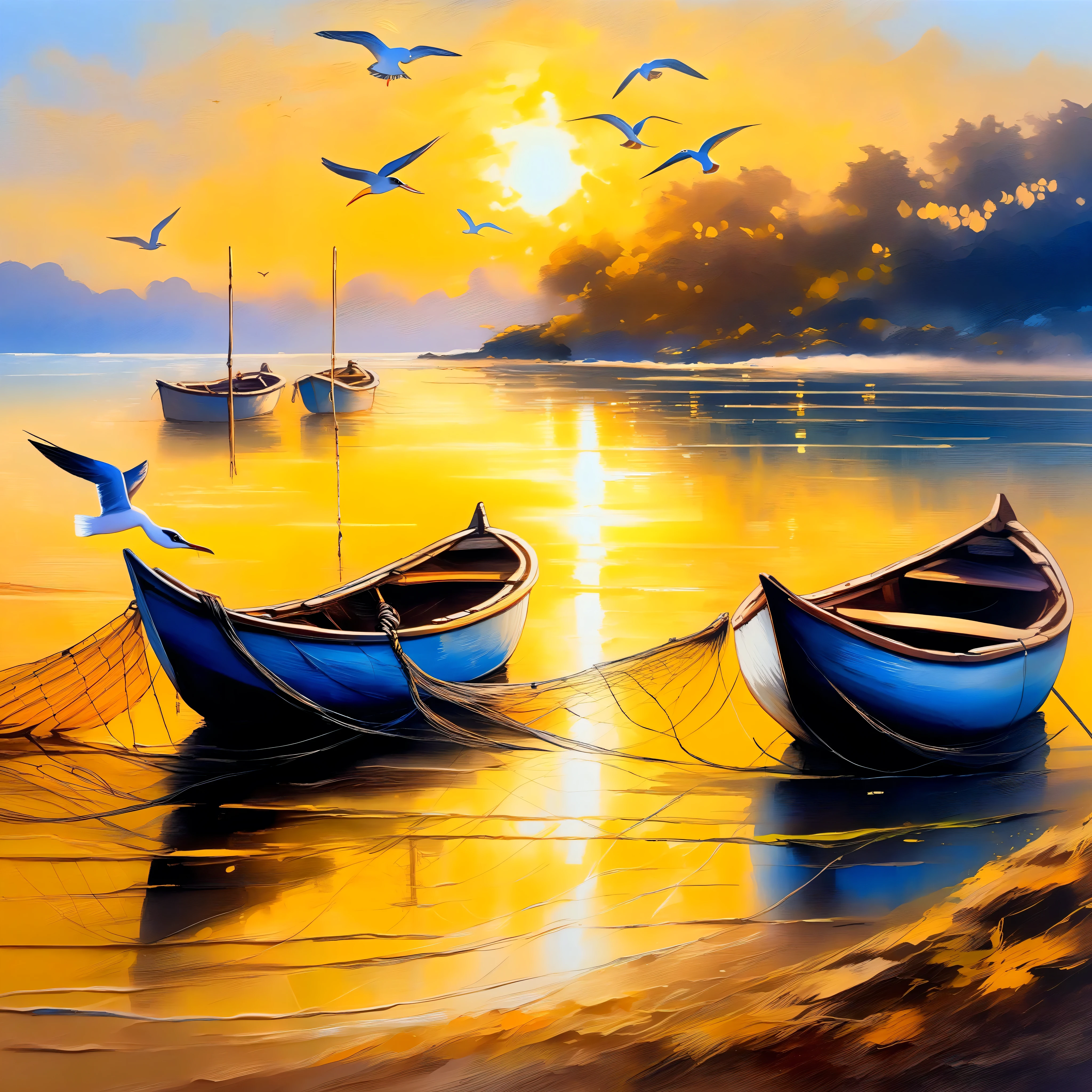 (8k, Best Quality, masterpiece: 1.2), (Best Quality: 1.0), (Ultra-high resolution: 1.0), (oil, Impressionist style), Anchored fishing boat, (Brazilian fishermen casting their nets to collect fish), Canoe reflected in a calm and tranquil river, (Small waves on the edge of a yellow sandy beach), sunset, Beautiful sun reflected in the river, Three seagulls flying around a net, (Pastoral art, Detailed painting, , Colorful and full of detail), (extremely luminous and bright Detailed painting drawing), (ink: 1.3), Autumn Light