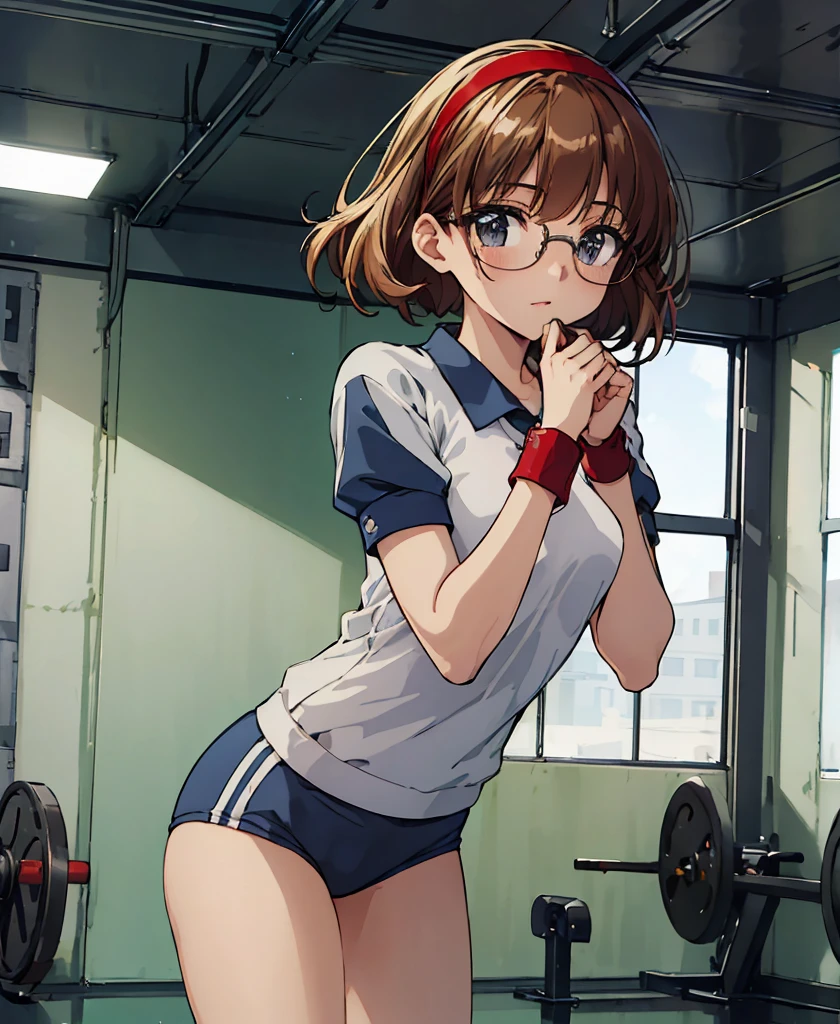 Phoenix Temple,One Girl, ,short hair,Light brown hair,Glasses,((Red Hairband))、Western-style room、Noise reduction,Perfect Anatomy,High resolution, Very detailed,Game CG,Cowboy Shot ,Attention to beautiful details,Visual Arts,Five fingers, Perfect hands, Perfect lighting,(Navy blue cuffs and white short-sleeved gym uniform)、(Navy Blue Bloomers)、(
Bare legs)、Navy blue socks、sports boots、Ground、Schoolyard、Sexy pose