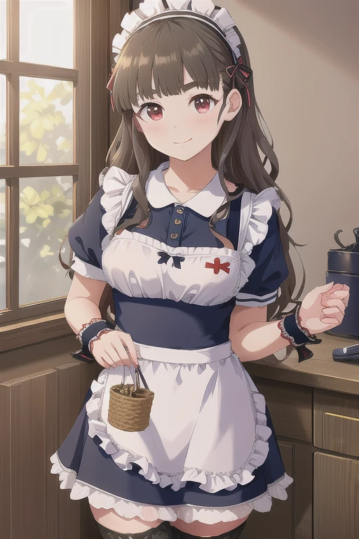 pretty girl, Super detailed eye, Super detailed, Highly detailed CG, masterpiece, Best Quality, Highly detailed CG, (Soft Shadows), (Very detailed and beautiful:1.8), Nao Kamiya, One girl, apron, black_bow, black_Legwear, black_ribbon, dull_前hair, bow, brown_hair, enMaided, length_hair, Maid, Maid_apron, Maid_Headdress, red_eye, ribbon, smile, Alone, thighhighs, white_apron, wrist_cuffs, Skirt lift