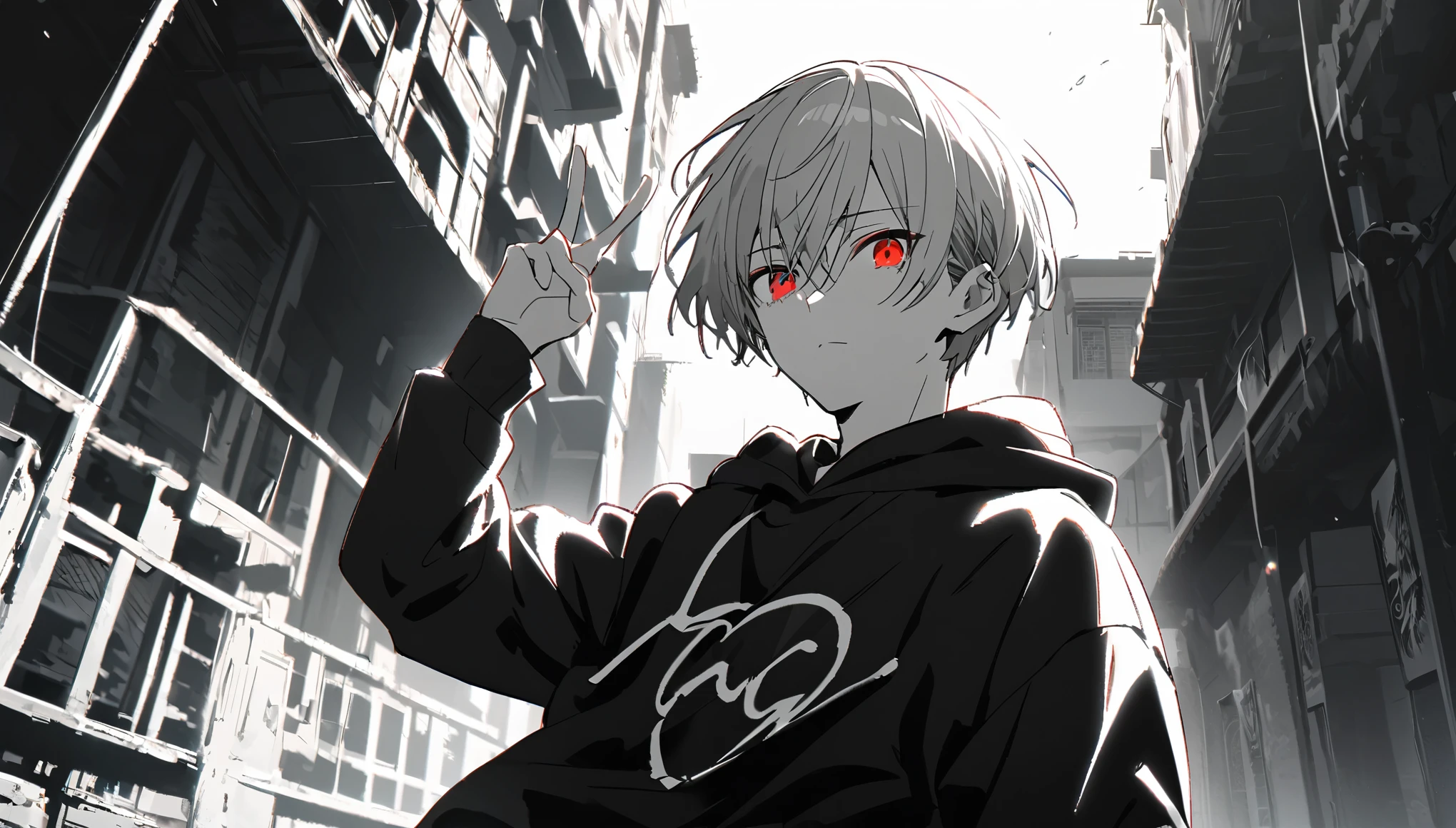 good looking, Alone, 1 male, Gray Hair, Red eyes, Long sleeve, Black hoodie, noon, White Light,cute目,Short hairstyle,cute,Falling from the sky,Black and white background,White and black colors,Monochrome scenery,bright,Looking at the camera,Making a peace sign,