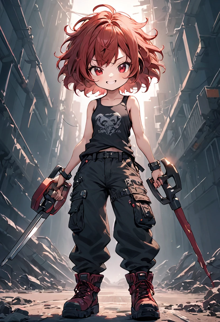 cyber ​​warrior chibi character girl, holding a crowbar in each hand, very nasty smile, evil smile, red messy wavy short hair, captivating eyes, wearing half-top tank top, loose baggy pants, engineer boots, high altitude with strong winds in the background, various effects, delicate and dynamic textures, contrasts of light and shadow, 2.5D, BREAK artistic photography, hyper realistic, digital graphic CG, BREAK ultra detailed, absolutely resolution, best quality