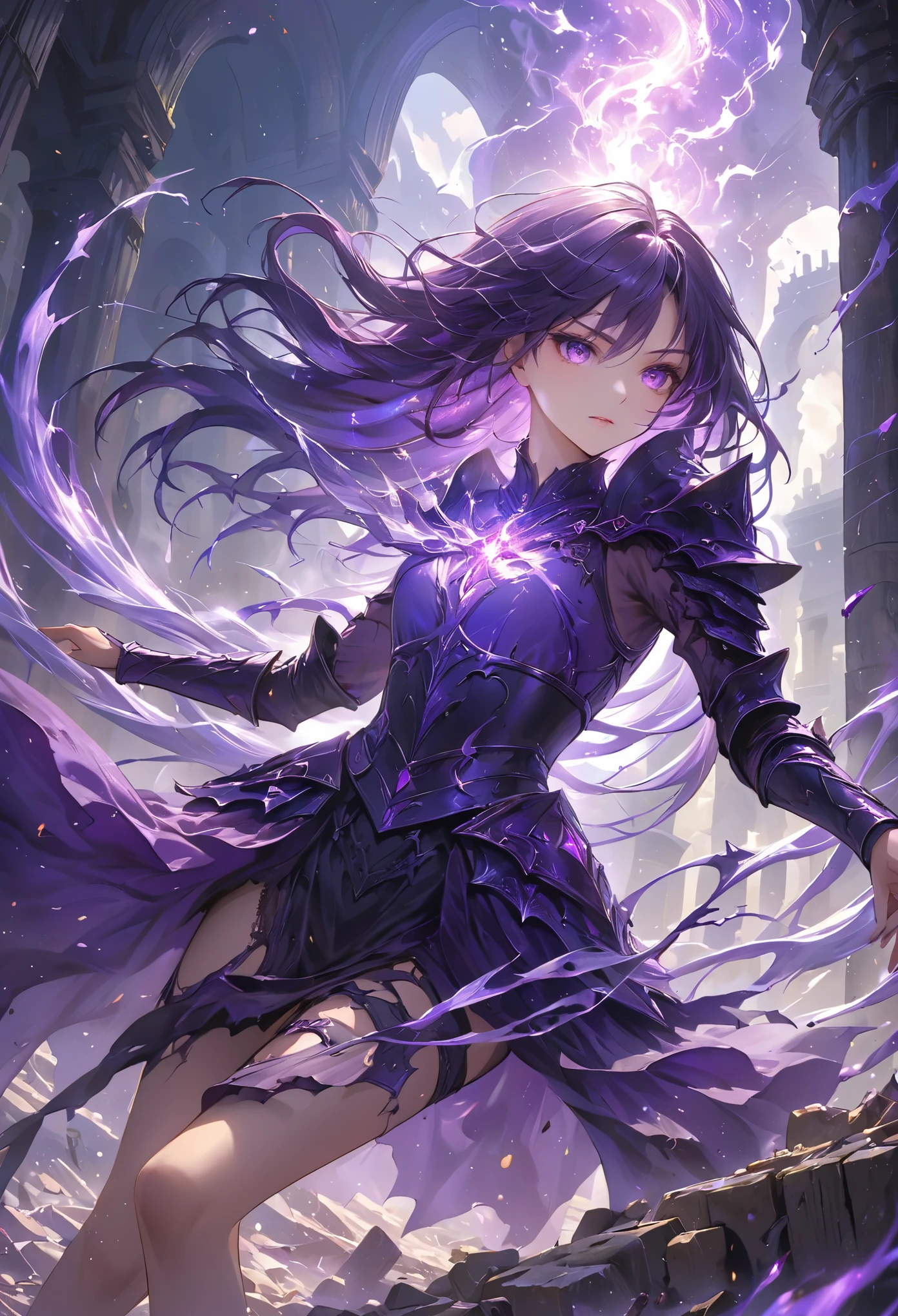 masterpiece, best quality, 8k, highres, ultra-detailed, HDR, UHD, studio lighting, ultra-fine painting, sharp focus, physically-based rendering, extreme detail description, professional,,BREAK,
1girl,
A demoness with long flowing hair that shimmers with hues of deep purple, caught mid-motion as she leaps into the air, her body twisting elegantly yet powerfully, her expression is fierce and determined, as if fighting against an unseen enemy, she wears intricately designed armor, a mix of black leather and purple metals, adorned with arcane symbols, her eyes glow with an intense, otherworldly violet, in one hand, she wields a curved blade that leaves a trail of purple mist, and her other hand reaches outward, as if to cast a spell, beneath her feet, the ground cracks, and tendrils of dark energy rise, the background is a ruined temple, scattered with fallen religious symbols, accentuating her defiance and the persecution she faces.