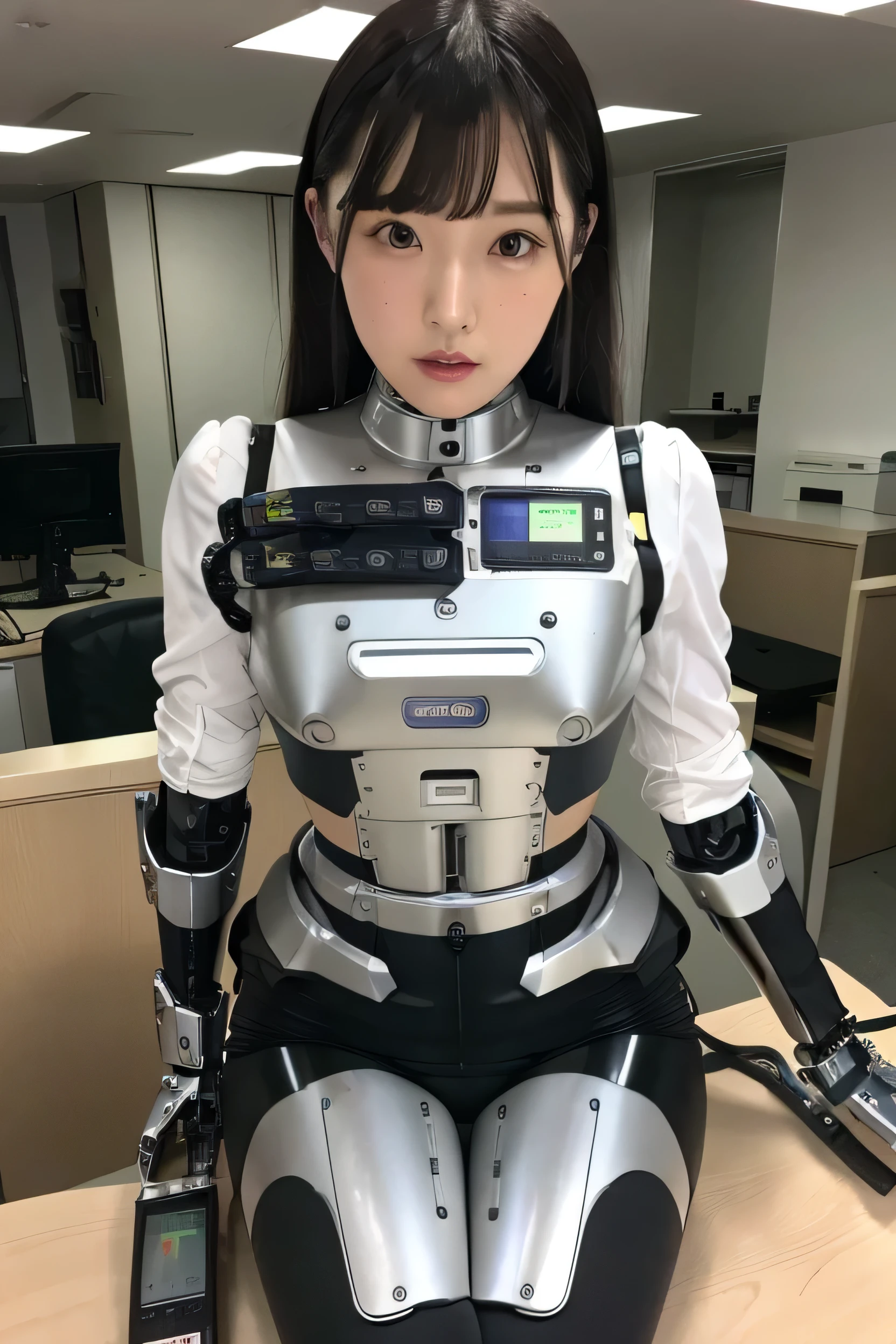 masterpiece, best quality, extremely detailed, Japaese android girl,Plump , control panels,android,Droid,Mechanical Hand, Robot arms and legs, Black hair,Blunt bangs,perfect robot girl,long tube,thick cable connected her neck,android,robot,humanoid,cyborg,japanese cyborg girl ,future laboratory,connecting a cable between the legs,skirt, high socks,chubby,fat