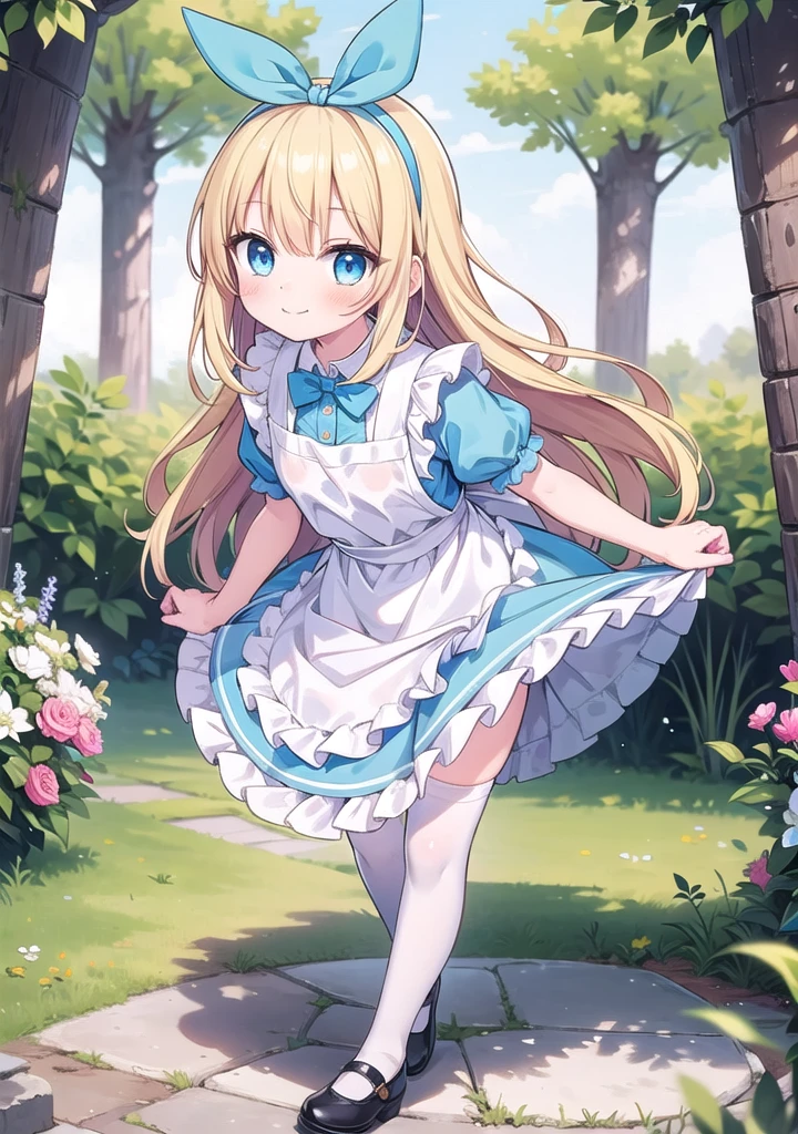 1girl, solo, masterpiece, best quality, perfect hands, blush, blue dress, blonde hair, alice \(alice in wonderland\), apron, puffy short sleeves, white apron, blue eyes, long hair, blue bow hairband, white thighhighs, smile, closed mouth, DisneyAlice