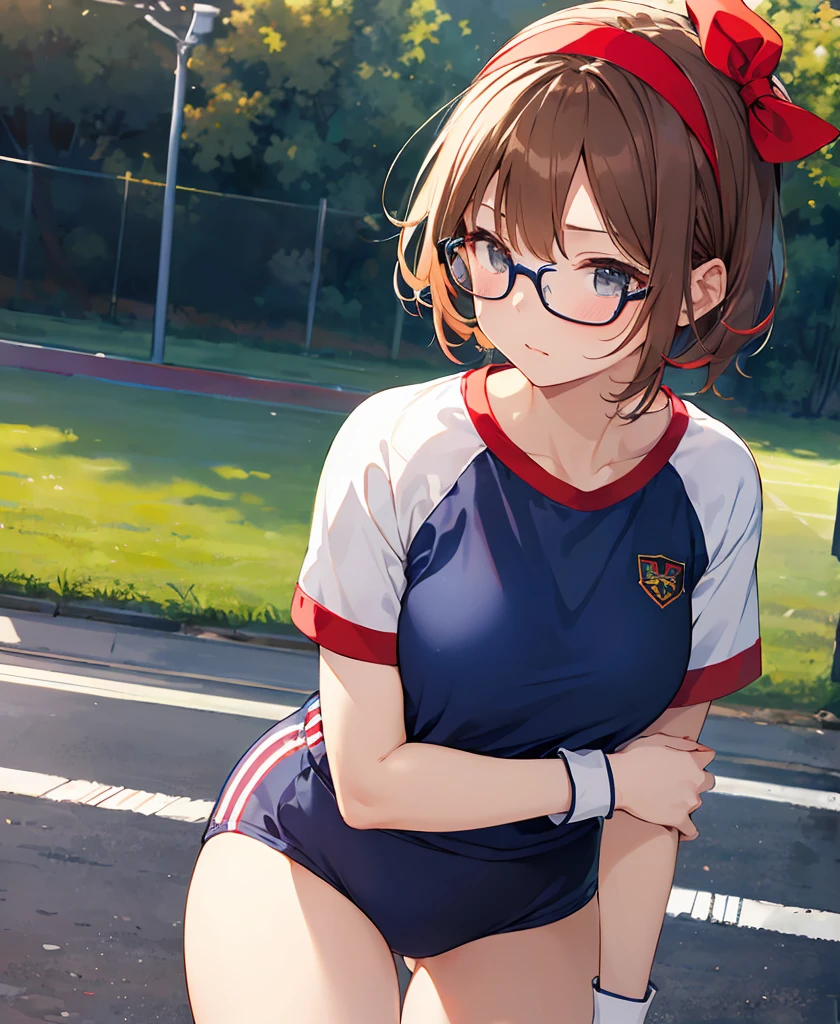 Phoenix Temple,One Girl, ,short hair,Light brown hair,Glasses,((Red Hairband))、Noise reduction,Perfect Anatomy,High resolution, Very detailed,Game CG,Cowboy Shot ,Attention to beautiful details,Visual Arts,Five fingers, Perfect hands, Perfect lighting,(Navy blue cuffs and white short-sleeved gym uniform)、(Navy Blue Bloomers)、(
Bare legs)、Thighs、Navy blue socks、sports boots、Ground、Schoolyard、Sexy pose