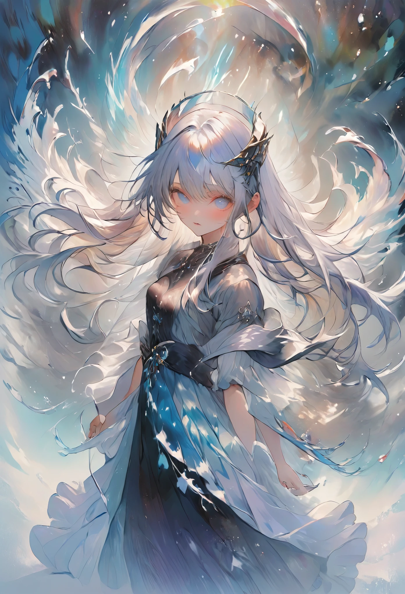 masterpiece, best quality, 8k, highres, ultra-detailed, HDR, UHD, studio lighting, ultra-fine painting, sharp focus, physically-based rendering, extreme detail description, professional,,BREAK,
A high priestess of ice magic, with long, flowing hair the color of snow, stands on a raised platform of ice, her arms extended outward as she summons a blizzard, her robes are layered and flowing, in shades of blue and silver, embroidered with ancient runes that pulse with a cold energy, her eyes are wide open, glowing an icy blue, as she calls forth the storm, the wind whips around her, causing her hair and robes to dance wildly, sharp shards of ice form in the air around her, swirling like a deadly storm, beneath her, a circle of acolytes bow in reverence, their hands raised in prayer, their faces hidden by deep hoods, the scene is dynamic and fierce, with the blizzard’s force creating an overwhelming sense of power and movement.