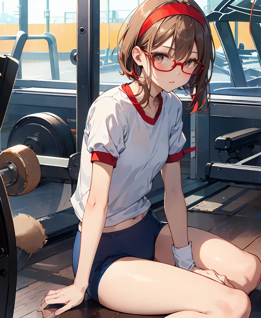 Phoenix Temple,One Girl, ,short hair,Light brown hair,Glasses,((Red Hairband))、Noise reduction,Perfect Anatomy,High resolution, Very detailed,Game CG,Cowboy Shot ,Attention to beautiful details,Visual Arts,Five fingers, Perfect hands, Perfect lighting,(Navy blue cuffs and white short-sleeved gym uniform)、(Navy Blue Bloomers)、(
Bare legs)、Thighs、Navy blue socks、sports boots、Ground、Schoolyard、sit、Wide-legged