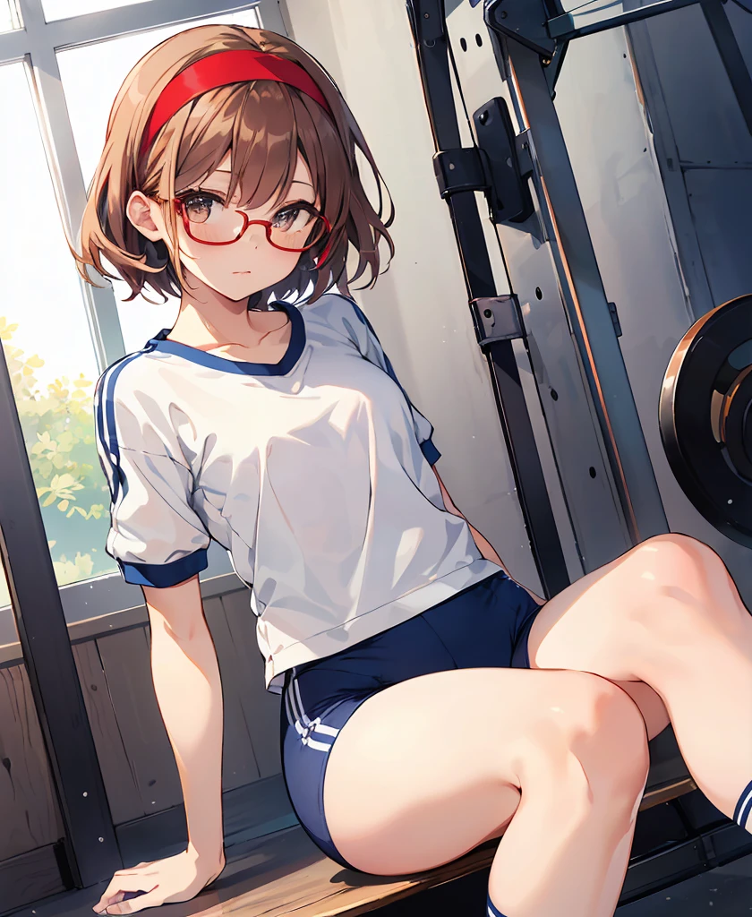 Phoenix Temple,One Girl, ,short hair,Light brown hair,Glasses,((Red Hairband))、Noise reduction,Perfect Anatomy,High resolution, Very detailed,Game CG,Cowboy Shot ,Attention to beautiful details,Visual Arts,Five fingers, Perfect hands, Perfect lighting,(Navy blue cuffs and white short-sleeved gym uniform)、(Navy Blue Bloomers)、(
Bare legs)、Thighs、Navy blue socks、sports boots、Ground、Schoolyard、sit、Wide-legged