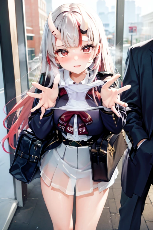 masterpiece, best quality,alisa kujou, skirt, bag, jacket, socks, looking at viewer,plaid, blazer, brown hair, plaid skirt,(white socks:1.8),(thigh-high socks:1.8),long sleeves, bangs, open clothes, open jacket, bow, brown eyes, pleated skirt, bowtie, day, long hair, bush, red bow, kneehighs, shirt, sleeves past wrists, backpack,red bowtie,(beige jacket:1.8), school bag,(black skirt:1.8), blurry, collared shirt, miniskirt, white shirt, cardigan, grass, sweater,(light smile:1.2),(soft-edged:1.8),(watercolor painting:1.5),(Illustration:0.8), (beautiful detailed eyes:1.6),(Fully exposed panties:1.8),(1 girl standing:1.5),nsrf,grabbing another's ass,short stature,(orgasm:0.8), BREAK lotr of people,(crowded train:1.8),(rush hour train:1.8),(man with office suit：1.7),BREAK (turn up the skirt:1.7),(shirt lift:1.7),(bra lift:1.8), (nipples:1.2), (chikan:1.9),(vaginal sex:1.5), (frying hands:1.1), (fresher:1.5),(16 years old:1.6),(curvy:1.5),(zettai ryouiki:1.8),(cute panties:1.8),(white panties:1.8),(pink panties:1.1),(white bra:1.8), (turn up the brassiere:1.7), (misaligned brassiere:1.5),breast slip,breasts out, BREAK breasta_on_glass,povbrestgrab,(panties shot:1.5),(up skirt:1.5), grabbing another's breast,close contact with men,cohesive,(train:1.7),(nose blush),(open clothes:1.3),(disordered shirt:1.1),(undressing:1.5), BREAK (from below:1.8),(cowboy shot:1.9),(dynamic angle:1.8),looking down,(spread legs:1.5),BREAK
