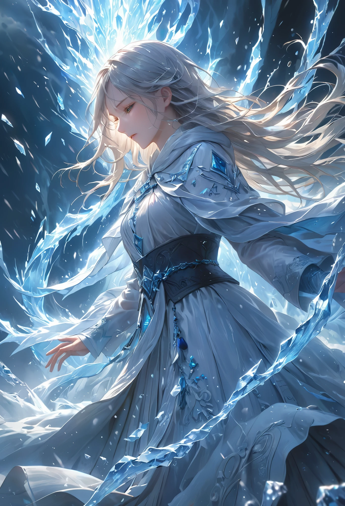 masterpiece, best quality, 8k, highres, ultra-detailed, HDR, UHD, studio lighting, ultra-fine painting, sharp focus, physically-based rendering, extreme detail description, professional,,BREAK,
A high priestess of ice magic, with long, flowing hair the color of snow, stands on a raised platform of ice, her arms extended outward as she summons a blizzard, her robes are layered and flowing, in shades of blue and silver, embroidered with ancient runes that pulse with a cold energy, her eyes are wide open, glowing an icy blue, as she calls forth the storm, the wind whips around her, causing her hair and robes to dance wildly, sharp shards of ice form in the air around her, swirling like a deadly storm, beneath her, a circle of acolytes bow in reverence, their hands raised in prayer, their faces hidden by deep hoods, the scene is dynamic and fierce, with the blizzard’s force creating an overwhelming sense of power and movement.