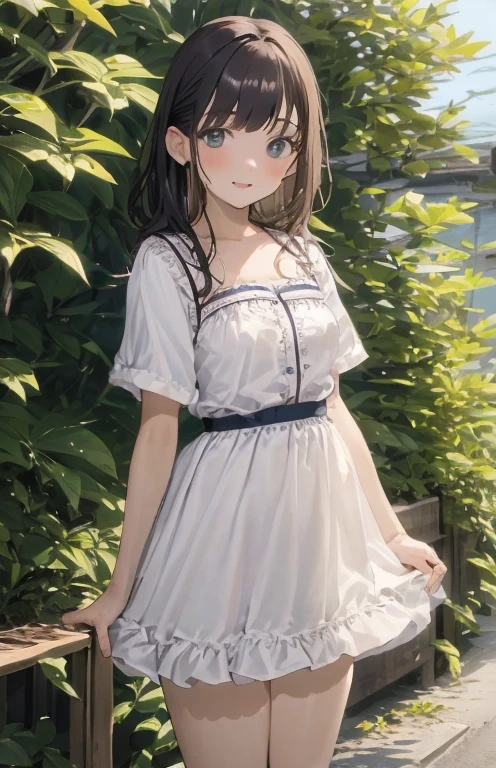 Girl in a summer dress, White blouse, Shorts, pantiesストッキングまたは靴下, It&#39;s like he wants to kiss you, Viewer&#39;s perspective, medium breasts, Clevis, random background, Frivolous appearance。, ((Very detailed)), (Perfectly detailed face), (Carefully crafted) Photorealistic images.Seductive pose，panties，raceパンスト，Adorable，lipstick，Protruding buttocks，race