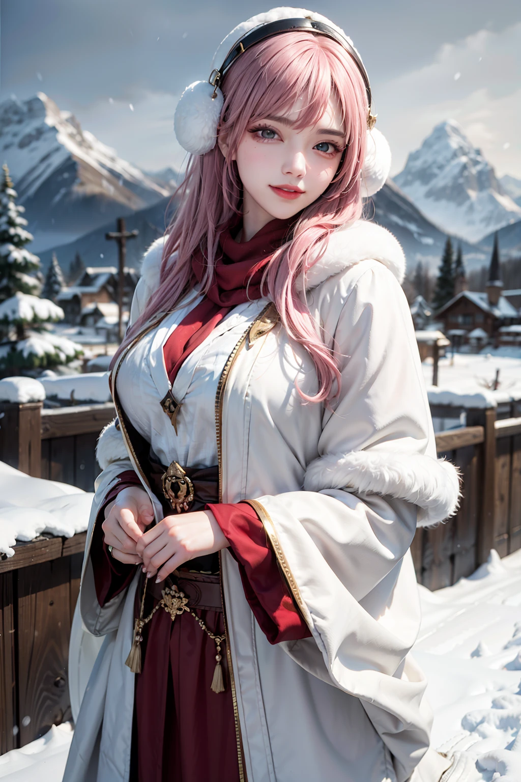 A woman in a white and red outfit standing in the snow - SeaArt AI
