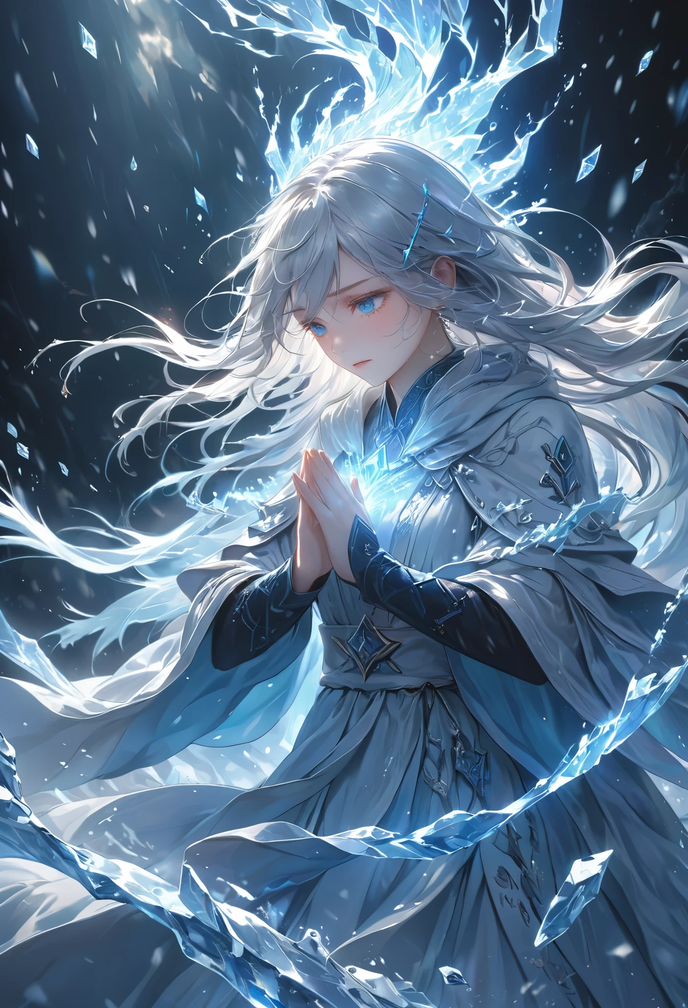 masterpiece, best quality, 8k, highres, ultra-detailed, HDR, UHD, studio lighting, ultra-fine painting, sharp focus, physically-based rendering, extreme detail description, professional,,BREAK,
A high priestess of ice magic, with long, flowing hair the color of snow, stands on a raised platform of ice, her arms extended outward as she summons a blizzard, her robes are layered and flowing, in shades of blue and silver, embroidered with ancient runes that pulse with a cold energy, her eyes are wide open, glowing an icy blue, as she calls forth the storm, the wind whips around her, causing her hair and robes to dance wildly, sharp shards of ice form in the air around her, swirling like a deadly storm, beneath her, a circle of acolytes bow in reverence, their hands raised in prayer, their faces hidden by deep hoods, the scene is dynamic and fierce, with the blizzard’s force creating an overwhelming sense of power and movement.