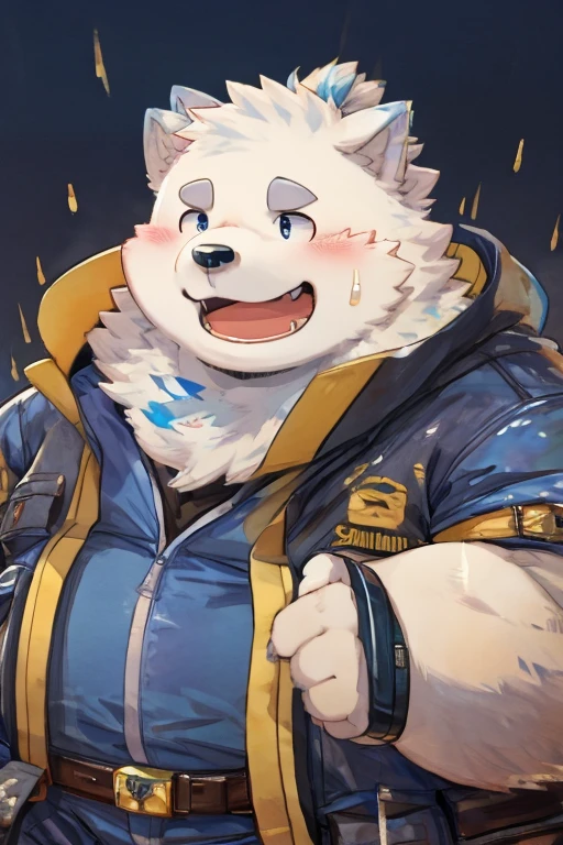 Gained weight、Being overweight、Dog Beast Man、White fur、Fluffy、cute、blush、(rain、Wearing a raincoat)(smile)