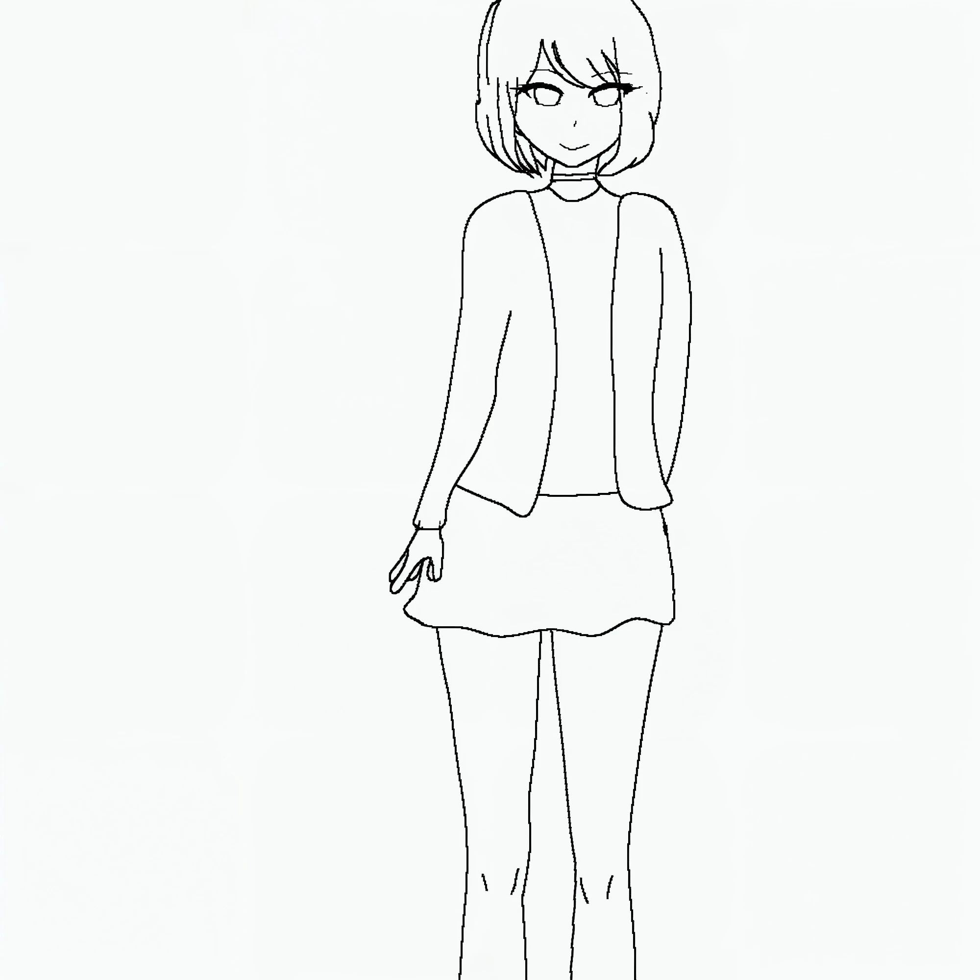 drawing of a girl in a short skirt and a shirt, clean anime outlines, anime pose, line sketch!!, pose(arms up + happy), pudica pose gesture, full body portrait of a short!, various pose, outline sketch, thick outline, thick lineart, casual pose, distorted pose, simple lineart, full body!! dynamic pose