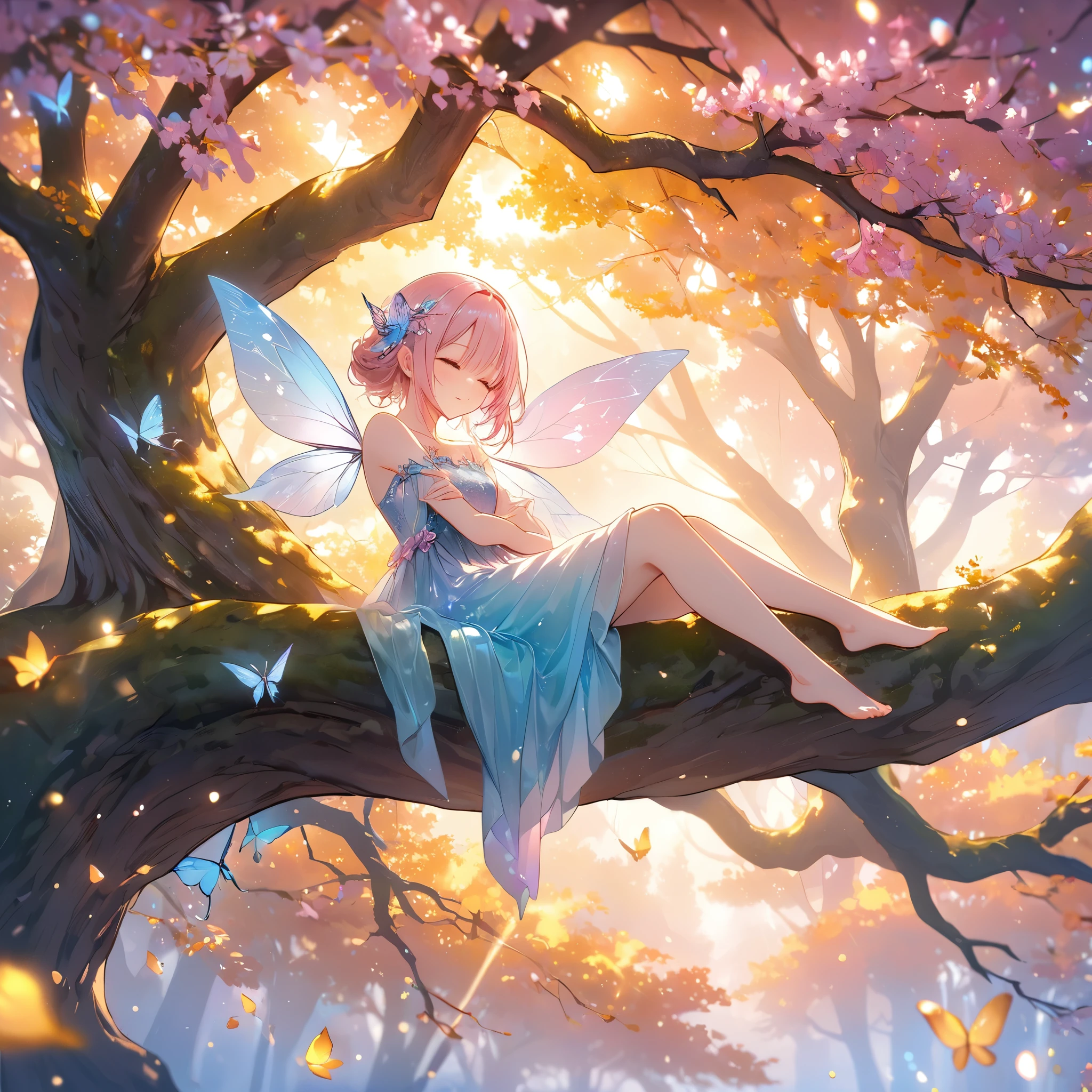 masterpiece, best quality, 8k, highres, ultra-detailed, HDR, UHD, studio lighting, ultra-fine painting, sharp focus, physically-based rendering, extreme detail description, professional,,BREAK,
1girl,
A young fairy-like girl with delicate wings sits perched on one of the lower branches of a giant tree, her wings shimmer with pastel pinks and blues, and she wears a simple dress of soft gold, her pose is relaxed, one leg hanging off the branch while her arms are folded gently in her lap, the tree’s branches stretch wide, and the golden leaves create a soft canopy above, light sparkles around her, and pastel-colored butterflies dance through the air, the scene is tranquil and magical, capturing a moment of quiet peace and wonder in a world of fantasy.