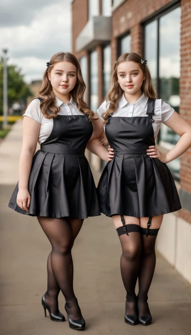 Two Cute, teen, , beautiful,  plump, schoolgirls in  short black silk skater pinafore dress, white blouse, short sleeves,  stockings, high heels boots, long brunet hair, beautiful teen face, standing on street, hyperrealism