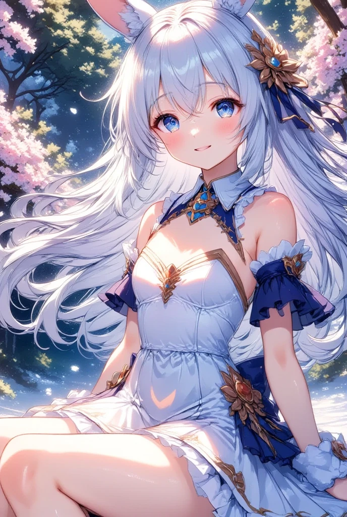 (beautiful girl: 1.3),One girl, Bunny Ears, usamimi guardian, Small breasts, Beautiful long silvery white hair, Her beautiful, loving eyes shine like jewels., Wearing a dress, skirt, フレアskirt, smile, Anime Fantasy, White hair fluttering, Fantasy Anime,Bunny Ears:1.5. Ethereal Anime, Beautiful anime art, Beautiful digital art, Anime Fantasyアートワーク, Anime Fantasyアートワーク, Sitting 美しい花が咲き誇る庭園:1.5, Sitting, masterpiece, Please redeem, Ultra-high resolution,Rich contrast,super high quality,8k,Highly detailed CG unit wallpaper,Texture,So ridiculous,Ultra-high resolution,RAW Photos,Please redeem anime,Depth of written boundary 1.2,Very detailed eyes,Glowing Skin,Glitter Effect,Beautiful glossy lips、Dark black eyeliner, (Sunburned skin:1.2),((cherry blossoms)),(cherry blossoms吹雪), ROUGH 