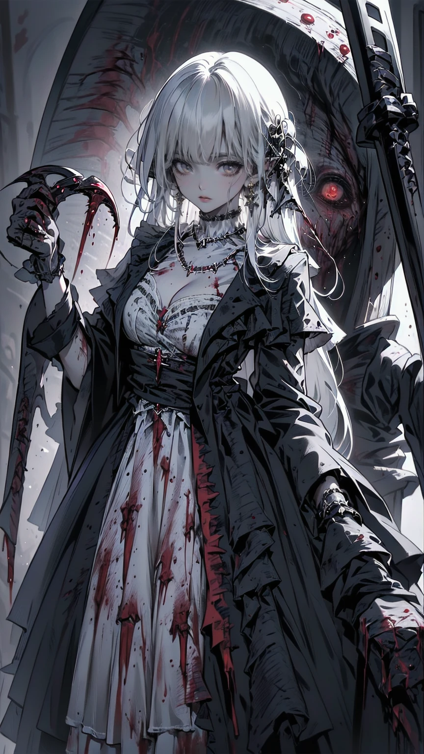 ,Multiple Girls,Frolicking Girl,Multiple women,Tea Party,Crazy Smile,Look up,Face shot,Scythe Face,Girl Monster, slave,beautiful, Detailed portrait, Gentle features, Sharp Eye, Sharp Fangs, Pale skin, Thick Chain, Dark Background, Cinema Lighting, Dramatic Shadows, Gothic style, Gloomy atmosphere, Dark fantasy, One Girl, , Open your mouth wide, Open your mouth and bar your teeth,Sharp teeth like a beast, Wide lips, Very wide mouth, Red cheeks, ,(Blood splatter:1.6),Scary face, Laughter　Witch design, Twisted Smile、Bloody、Blood coming out of the head,、Blood splatter、,(Blood splatter:1.6),Crossbones, skull,　, Horror Style, ((fantasy witch costume)), ((White hair fluttering)), ,(Blood splatter:1.6),Female Curves, Large Breasts, Thick thighs, Sexy flat stomach, Perfect hands, Perfect anime face, ((Darkta Dress)), Standing, ((Wicked Smile)), ,(Blood splatter:1.6),Victorian city, Gas lamp, Steam circulation, Moonlight Illumination, night lighting, A sky filled with stars and galaxies,disaster々New Devil Horns,,(Blood splatter:1.6),アニメゾンビWitch design, Twisted Smile、Bloody、Blood coming out of the head,、Blood splatter、,(Blood splatter:1.6),Crossbones, skull, 