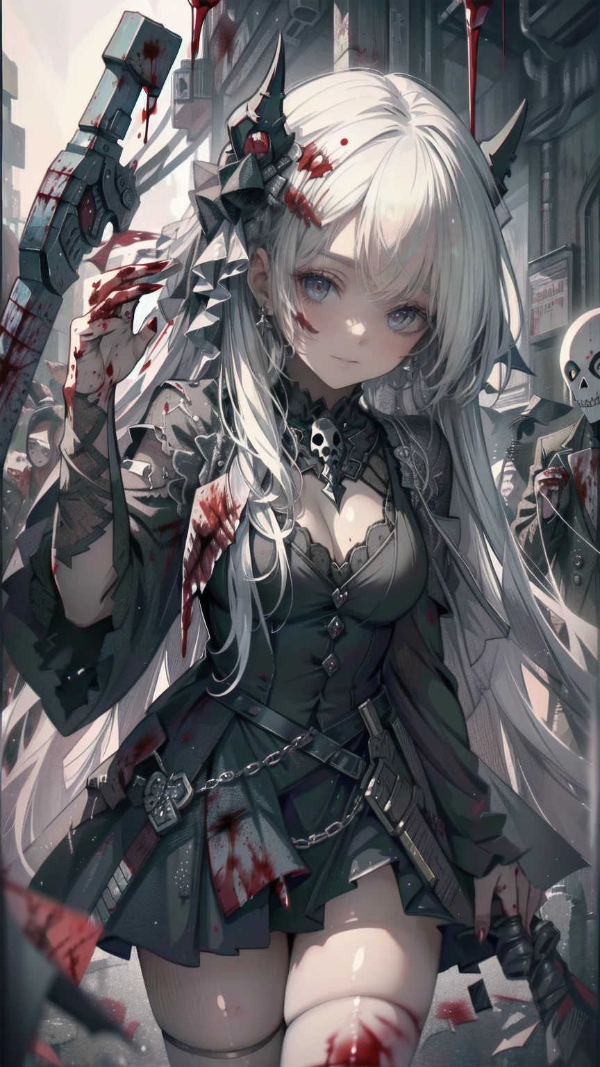 ,Multiple Girls,Frolicking Girl,Multiple women,Tea Party,Crazy Smile,Look up,Face shot,Scythe Face,Girl Monster, slave,beautiful, Detailed portrait, Gentle features, Sharp Eye, Sharp Fangs, Pale skin, Thick Chain, Dark Background, Cinema Lighting, Dramatic Shadows, Gothic style, Gloomy atmosphere, Dark fantasy, One Girl, , Open your mouth wide, Open your mouth and bar your teeth,Sharp teeth like a beast, Wide lips, Very wide mouth, Red cheeks, ,(Blood splatter:1.6),Scary face, Laughter　Witch design, Twisted Smile、Bloody、Blood coming out of the head,、Blood splatter、,(Blood splatter:1.6),Crossbones, skull,　, Horror Style, ((fantasy witch costume)), ((White hair fluttering)), ,(Blood splatter:1.6),Female Curves, Large Breasts, Thick thighs, Sexy flat stomach, Perfect hands, Perfect anime face, ((Darkta Dress)), Standing, ((Wicked Smile)), ,(Blood splatter:1.6),Victorian city, Gas lamp, Steam circulation, Moonlight Illumination, night lighting, A sky filled with stars and galaxies,disaster々New Devil Horns,,(Blood splatter:1.6),アニメゾンビWitch design, Twisted Smile、Bloody、Blood coming out of the head,、Blood splatter、,(Blood splatter:1.6),Crossbones, skull, 