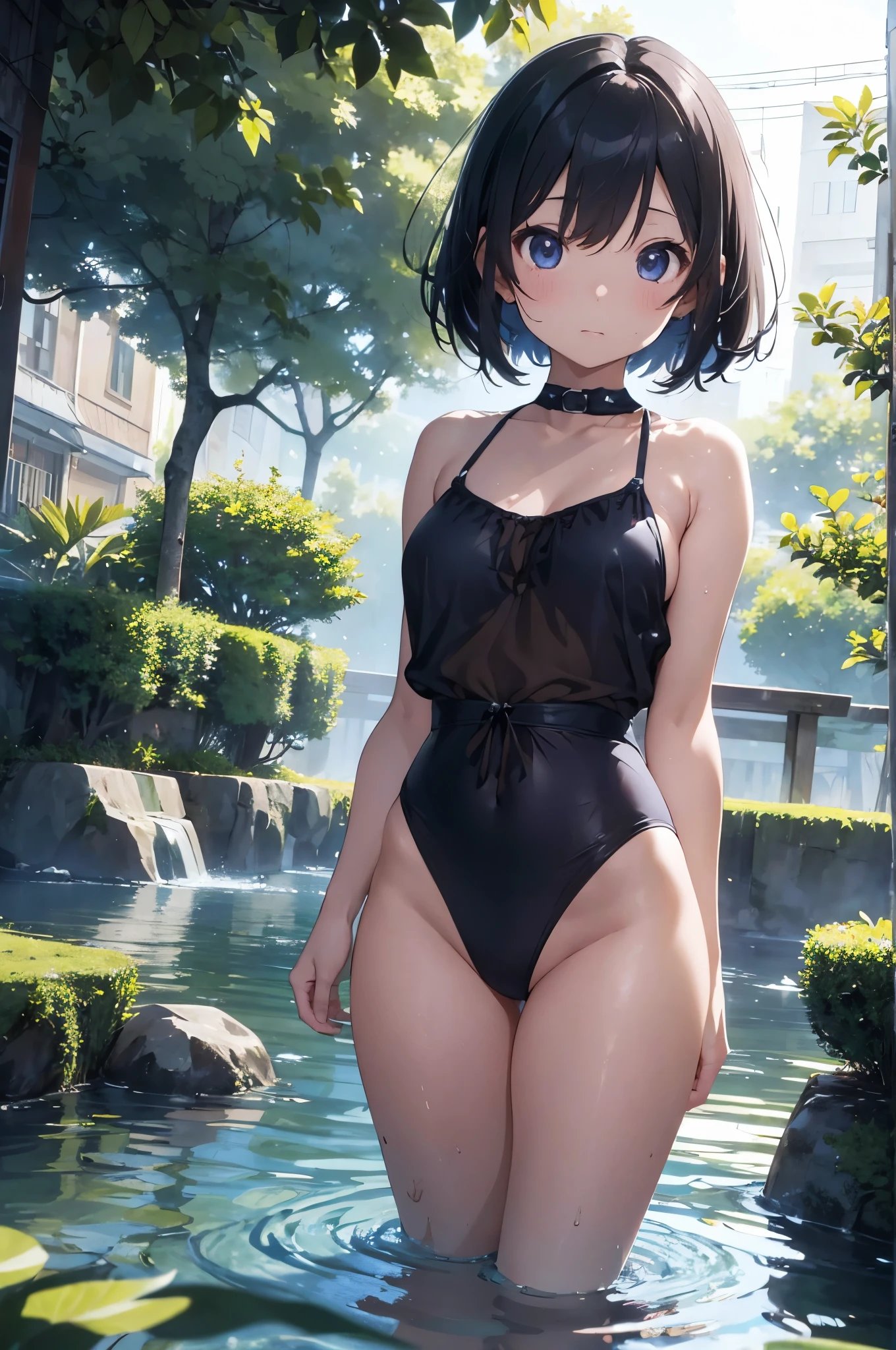 (masterpiece), best quality, (16k), expressive eyes, perfect face, lady, 1 girl, solo, middle breast, navel, BREAK, ((wet black frilled bikini)), ((wet black layered mini skirt)), bare arms, bare legs, shiny skin, wet body, BREAK, brown hair, bob cut, wet hair, brown eyes, smile, BREAK, outdoors, in the pool water garden, wading, standing, (cowboy shot), ((from front)),