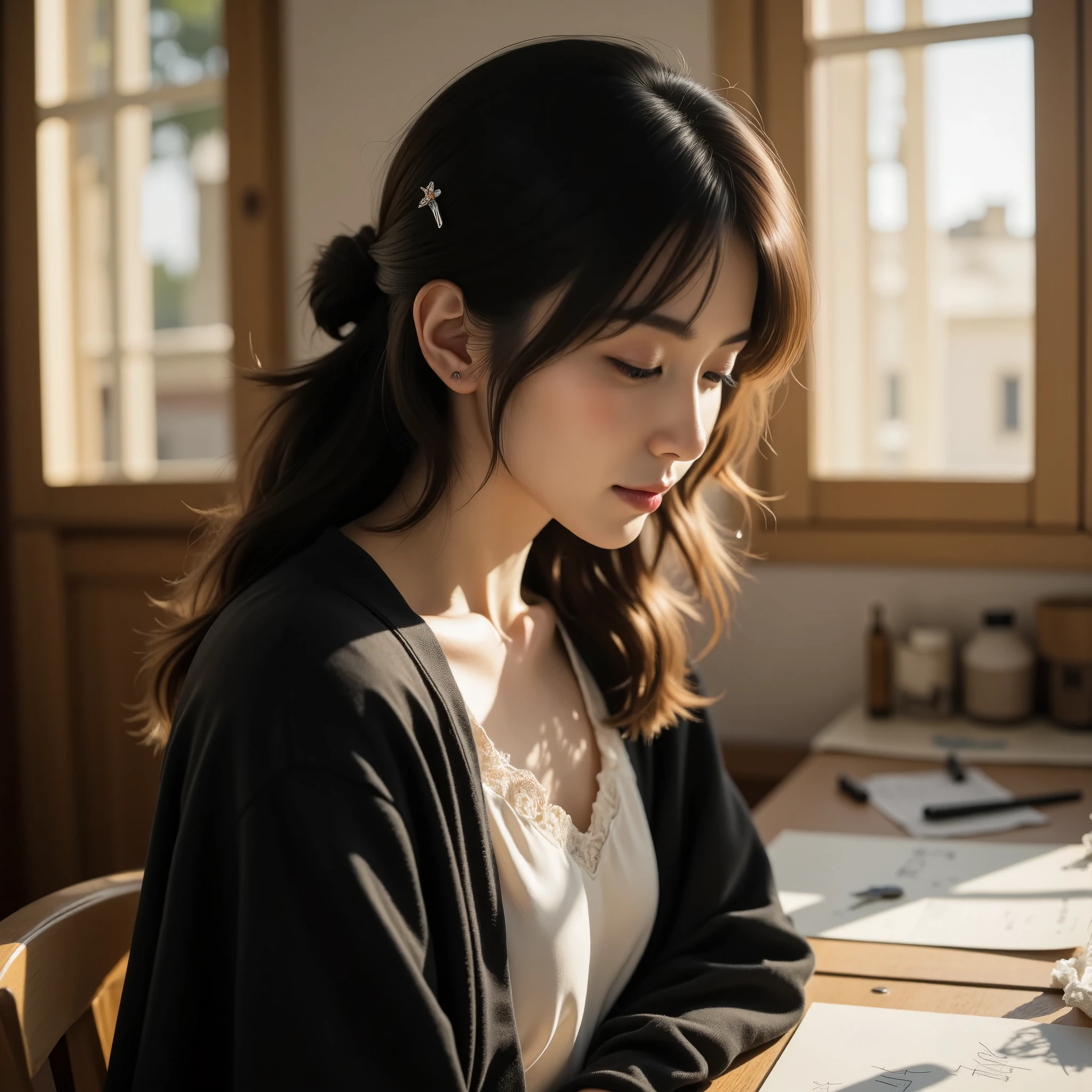 
Scene Description: "A young woman sits at a wooden desk in a softly lit room, the sunlight streaming through the window behind her. The camera angle is slightly elevated, capturing her from above as she looks downward, lost in thought. Her wavy black hair gently falls around her shoulders, held back by a delicate hairpin. She wears a white blouse with lace details and a dark jacket draped loosely over her shoulders. The natural light highlights the soft textures of her clothing and casts warm shadows across the desk, where papers and artistic tools are scattered. The scene feels peaceful and contemplative, with a serene atmosphere created by the play of light and shadow."

Style: "Realistic, natural light streaming through a window, elevated camera angle, soft shadows, wavy black hair with hairpin, detailed lace blouse and dark jacket, peaceful and contemplative mood, high-quality indoor photography, serene atmosphere, cinematic lighting