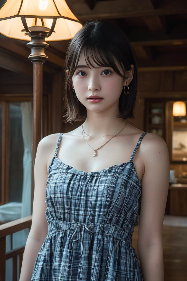 (Highest quality:1.4),(masterpiece:1.4),(Realistic:1.4),(Realistic:1.2),(超High resolution, RAW Photos:1.4),(High resolution, Ultra-detailed:1.2),(8K:1.2),View your viewers,Cinematic photography,One girl,skeletally correct，Black-haired woman，(Small earrings，necklace，A neat and clean light green dress，View from the front),（Western-style building interior，Dimly lit room，The lamplight shines on my cheeks）