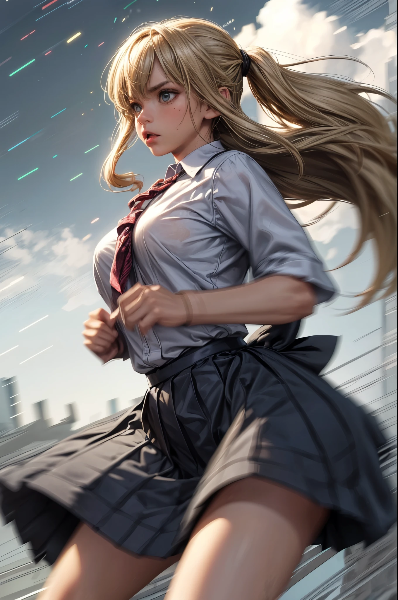 solo,((jk girl punching viewer by bare fist)),1girl\(cute, kawaii,small kid,hair floating,messy hair,blonde hair,long hair,messy hair,pony tail hair,skin color white,eye color blue,eyes shining,big eyes,breast,angry face,punching viewer by her fist,dynamic pose,sweat,((high school uniform)), muscular\), BREAK ,hand\((motion blur:2.0)\),background\(school\),motion blur, BREAK ,quality\(masterpiece, best quality,8k,wallpaper of extremely detailed CG unit, high resolution, top-quality, top-quality real texture skin, hyper realistic, increase the resolution, RAW photos, best quality, highly detailed, the wallpaper,golden ratio\),Perfect hand,close up girl,looking at viewer,(dynamic angle:1.3)