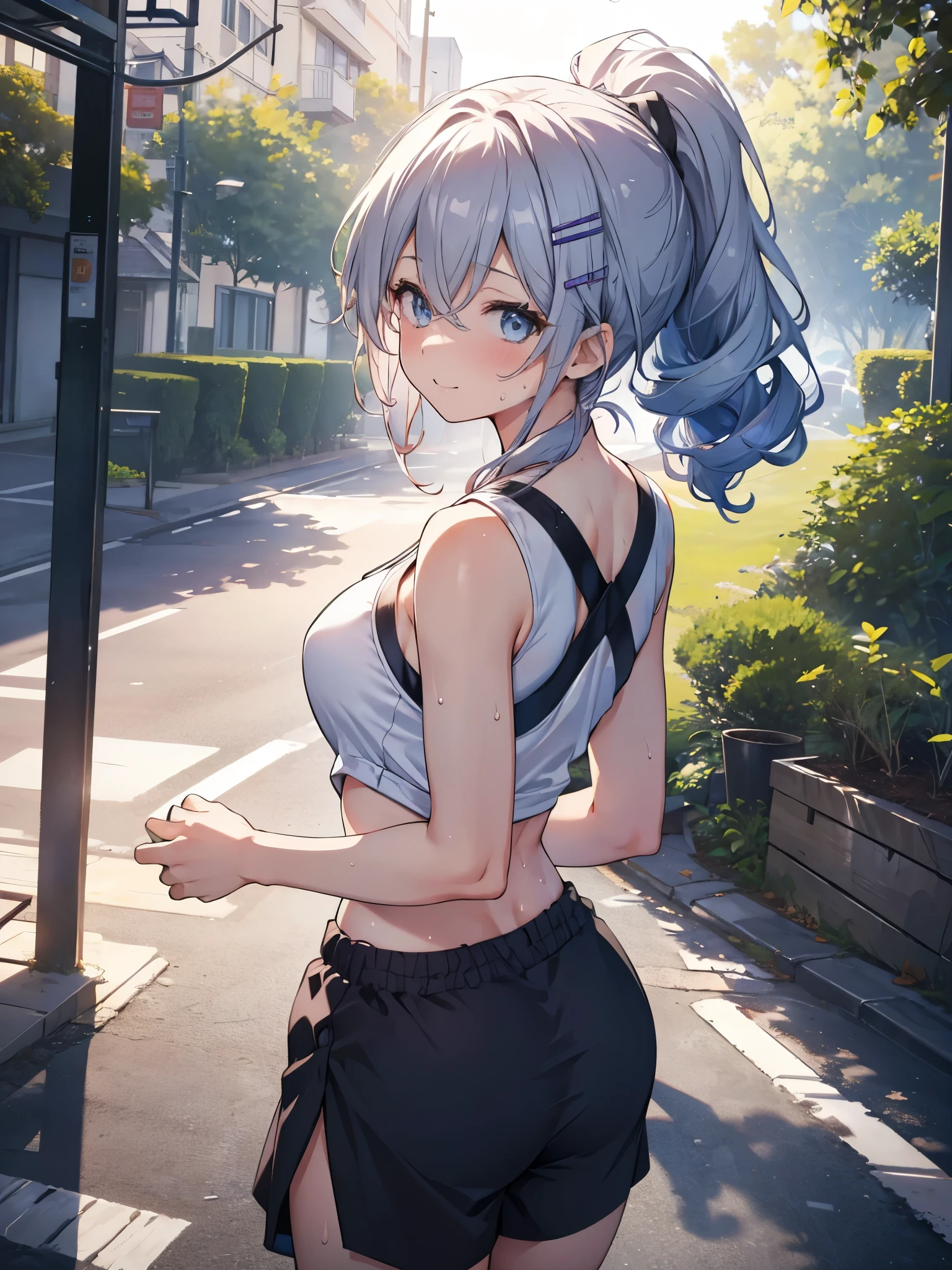 (masterpiece, best quality, ultra-detailed, illustration), genshin impact, kamisato_ayaka, 1girl, solo, hip hop hat ,cowboy shot, ponytail, blunt bangs, blue eyes, evil smile, show teeth, eyebrows visible through hair, long hair, silver hair, ear piercing, looking at viewer, outoors, city road, on the road, medium breasts, short pants, trendy tank top, cool jacket, stockung, hip hop, sexy pose,