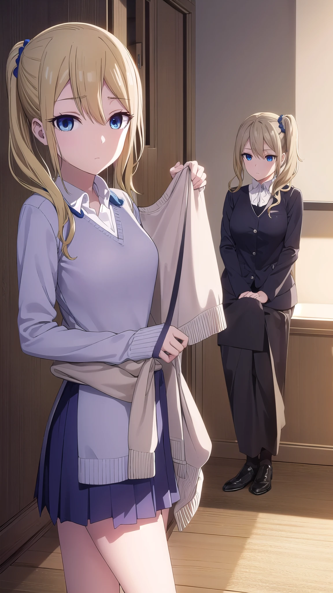 aihayasaka, ai hayasaka, bangs, blue eyes, blonde hair, hair ornament, hair between eyes, sidelocks, side ponytail, scrunchie, hair scrunchie, blue scrunchie,
BREAK shirt, long sleeves, school uniform, shoes, socks, sweater, cardigan, black socks, clothes around waist, shuuchiin academy school uniform, sweater around waist, cardigan around waist,
BREAK indoors, classroom,
BREAK looking at viewer, (cowboy shot:1.5),
BREAK (masterpiece:1.2), best quality, high resolution, unity 8k wallpaper, (illustration:0.8), (beautiful detailed eyes:1.6), extremely detailed face, perfect lighting, extremely detailed CG, (perfect hands, perfect anatomy),