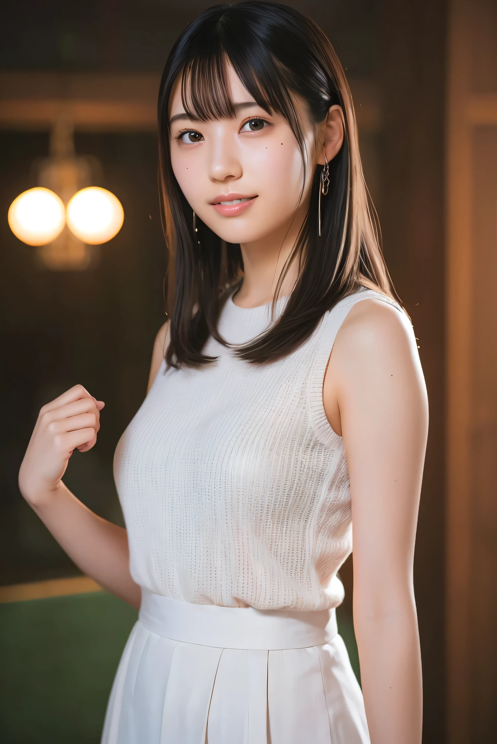 (skin blemishes: 1.2), (skindentation), dark circles, 1woman, 25yo, (((woman)), solo, realistic, best quality, photorealistic, mastery, 8k, high res, solo, extremely detailed face, (professional lighting, bokeh), (Light Particle, Lens Glow, Glow Particle: 0.6), (Dynamic Pose: 1.2), Soft Lighting, Top Corner View, Stylish Atmosphere, Japan, Street, Tokyo, City, ((Daytime)) , Sky, (Looking at the audience: 1)), (Looking at the camera), (Portrait: 0.6), Denim photo, gorgeous, standing, Keep original facial proportions, Wide shoulders, Full body, (Small breast), (Medium hair), Brown hair, Flowing hair, Lips, Lipstick, Seductive smile, Fluttering hair, smile, open mouth, teeth, ( sleeveless white shirt), (pullover skirt), eyelashes, 1) ,