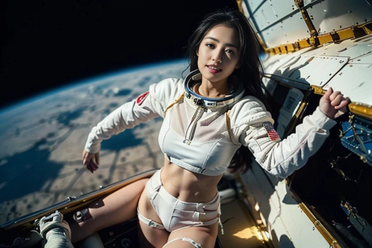 (18yo, young, cute:1.3), (japanese teen 1girl idol:1.2), ultra highres, real skin, Hyperrealism, glistening skin, professional photograph, (absurdres:1.4), 8K, (RAW photo:1.2), (extremely detailed clothing), (extremely detailed legs), best quality, ultra detailed, absolutely resolution, (face is shiny:0.8), (shiny skin:0.8), best hands, nice hands, perfect hands, BREAK、Look at the viewers、Detailed lighting、Highly detailed skin、Very fine hair、8K:1.2)、One Girl, 16 year old Japanese、Black Hair、Straight Long Hair、Dim lighting、Realistic Shadows、Science fiction world、Star Wars World、スターウォーズ風のレトロなSFuniverse船のコックピット、Blue glowing earth outside the window、Mechanical room、(Metallic Pink Triangle Bikini、Metallic pink micro bikini、Bikini digs into crotch、The area of the bikini is small、Metallic pink half boots)、Sit in the cockpit、Spread your legs wide、The shape of the hidden part is visible、Big Breasts、Bikini digging into the chest、Slender、Small waist、Thin legs、Thin thighs、(universe、blue glowing earth:1.4)