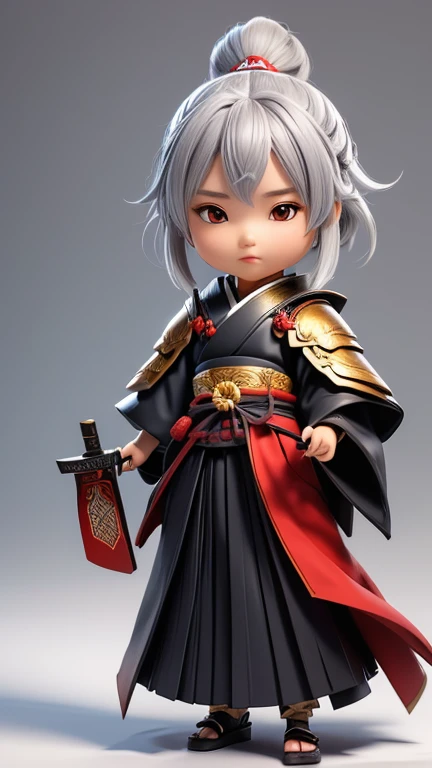 A beautiful light grey haired japanese girl "holding a medieval Japanese blacksmith from Gorō Nyūdō Masamune katana master", wearing ebonheart dark battle armor. cinematic, dreamlike, perfect anatomy, good proportions, perfect body,  elegant holding pose, intricate details, detailed face, detailed red eyes, detailed skis, red ruby lipstick, highlights in windblown long hair, highly detailed, elegant style pose, terada katsuya, samurai art in the background. 8k,fullbody