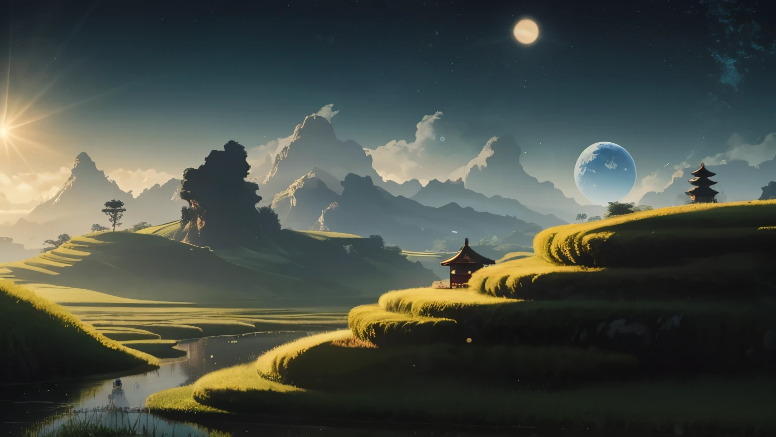 realistic photo, panorama, alien planet, rice paddy, rice fields, beautiful scenery of alien planet, little mountains,  colorful sky, two suns (yellow and blue), humanoid robot (android) with a Chinese cap on his head collects rice walking in the water, in the distance a poor village (futuristic Chinese houses in  ancient style), depth of field, wide frame, panorama, film grain, 8k,