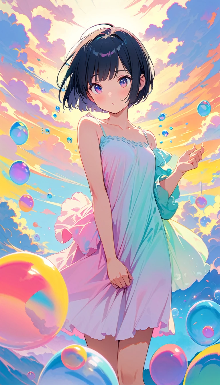 Best Quality, Super Fine, 8k, Incredibly absurd, Very detailed, 2.5D, Beautiful Goddess, Soap bubbles, Pastel colored clouds, Sunshine, Pop Art, Delicate and dynamic, Pastel Color Fantasy, Black Hair, Bobcut, Very young, Small breasts, Official Art