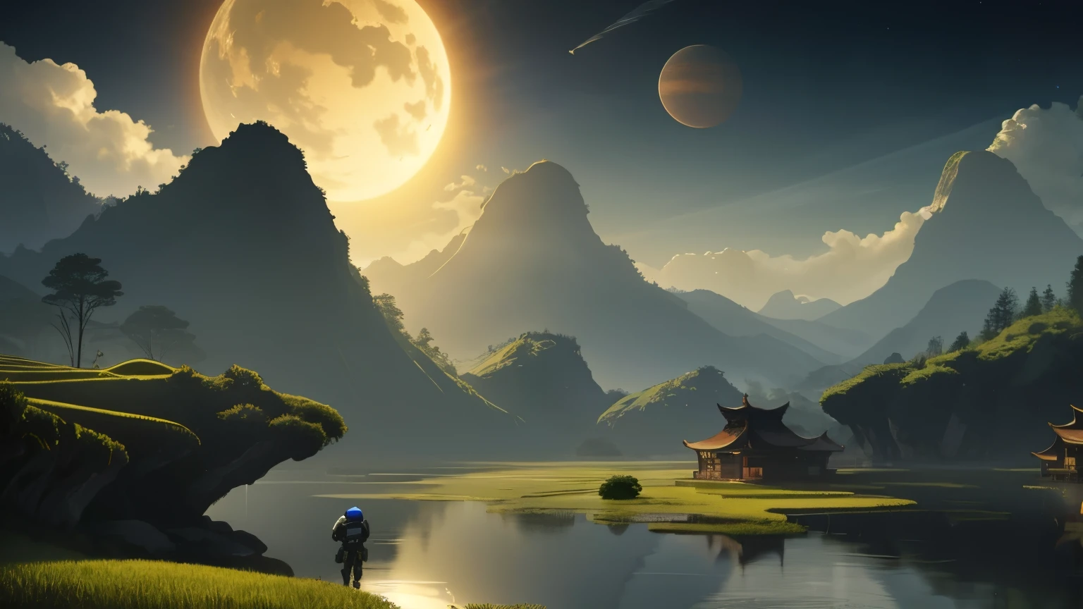 realistic photo, panorama, alien planet, rice paddy, rice fields, beautiful scenery of alien planet, little mountains,  colorful sky, two suns (yellow and blue), humanoid robot (android) with a Chinese cap on his head collects rice walking in the water, in the distance a poor village (futuristic Chinese houses in  ancient style), depth of field, wide frame, panorama, film grain, 8k,