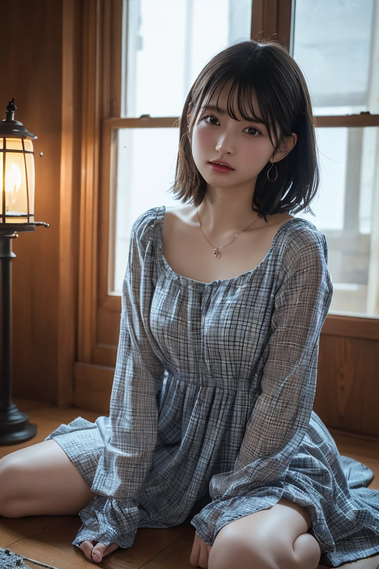(Highest quality:1.4),(masterpiece:1.4),(Realistic:1.4),(Realistic:1.2),(超High resolution, RAW Photos:1.4),(High resolution, Ultra-detailed:1.2),(8K:1.2),View your viewers,Cinematic photography,Black Hair,Small earrings，necklace,One girl,skeletally correct，(Polka dot dress,View from the front),（Western-style building interior，Dimly lit room，The lamplight shines on my cheeks）