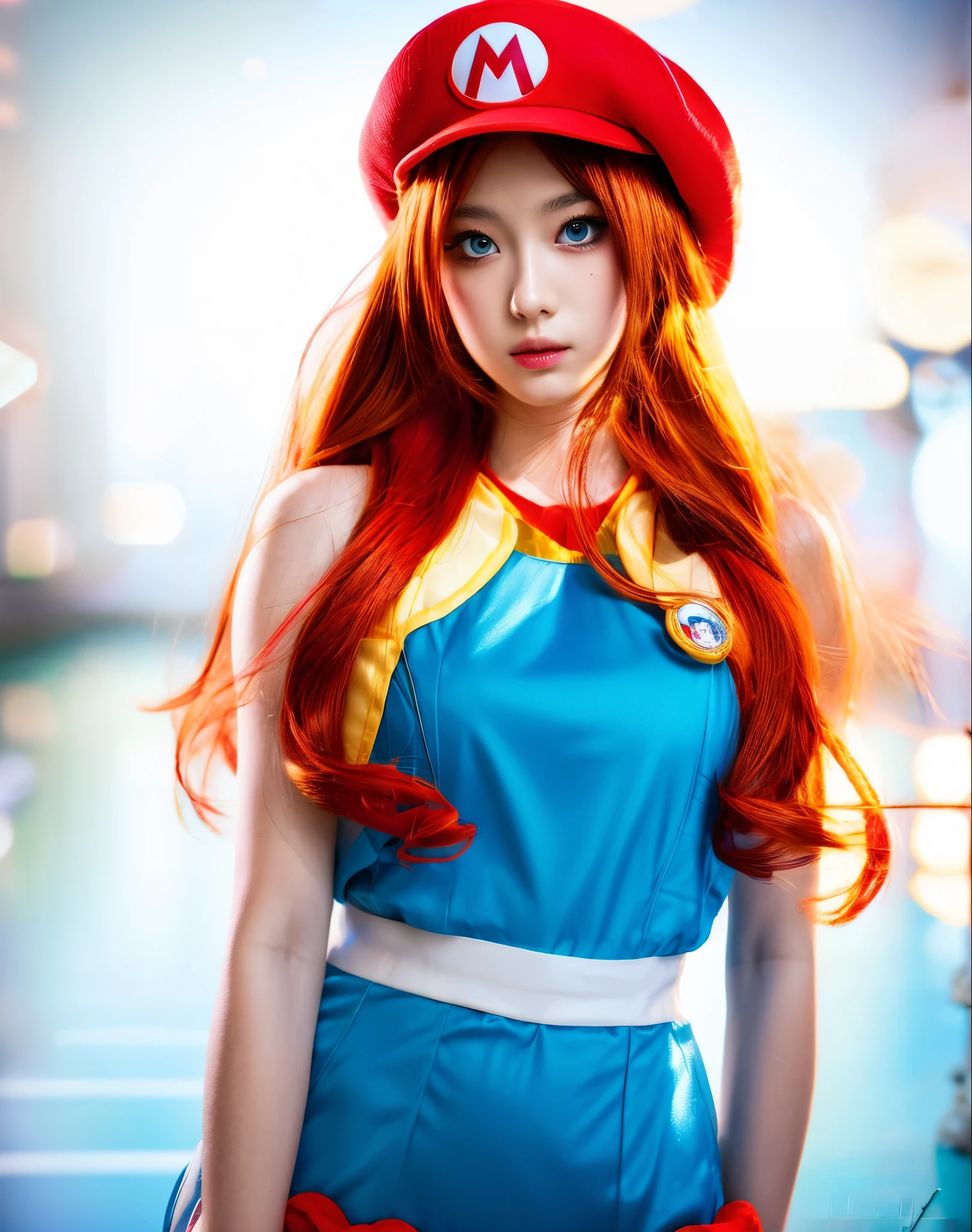 Masterpiece, best quality, 8k UHD, RAW photography, photorealistic, cinematic, 1girl, with long flowing hair, wearing a Mario costume of the videogames Super Mario, standing in a shy pose with her hands behind her back, magical atmosphere, simple white background, photography has an additional shade of of (white light:0.3), wearing a red hat and blue overalls, hat has a M letter at its center, female protagonist, asuka langley soryu, portrait of asuka langley soryu, full body zenkai! official art, professional cosplay of an anime character, mario bros costume, realistic and detailed blue eyes with solid pupils, eyes perfectly detailed and well made, hyper realistic, amazingly beautiful face, Thai Idol, 4EVE, half german half asian girl, hands behind her back:1, amazingly vivid natural orange red hair, well cared skin and hair, orange red hair:1