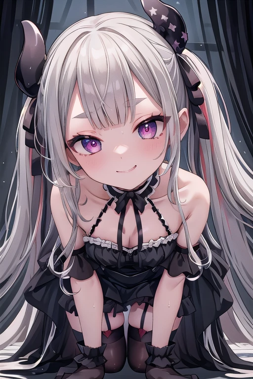 masterpiece, Best Quality, High resolution, hmnad, Black Veil, Garter Straps, Black Dress, black thighhighs, black gloves, Hair Ribbon, gothic, criss-cross halter, bare shoulders, frills, rose, ribbon, Multicolored Hair, ,(vulgarity:1.1),(fucked silly:1.1),(steam:1.1),(wet:1.1),(trembling:1.1),smile, (Sharp eyeliner, Eyeshadow, Detailed eyes:1.1),(close up:1.3),bedroom,,Get on all fours、With your buttocks raised high,small breast,