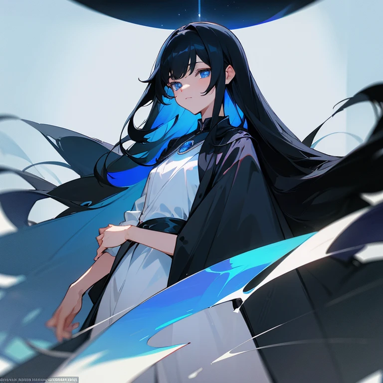 a beautiful girl, with white dress and squamosos , blue eyes, black hair, He holds a very powerful and shiny sword