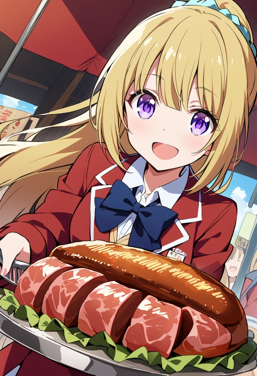 A woman offering a meat dish on a tray onto a fork,smile,open mouth,Meat Festival,stall, Kei Karuizawa, yellow hair, long hair, ponytail, scrunchie, purple eyes, school uniform, red jacket, blue bow, white skirt