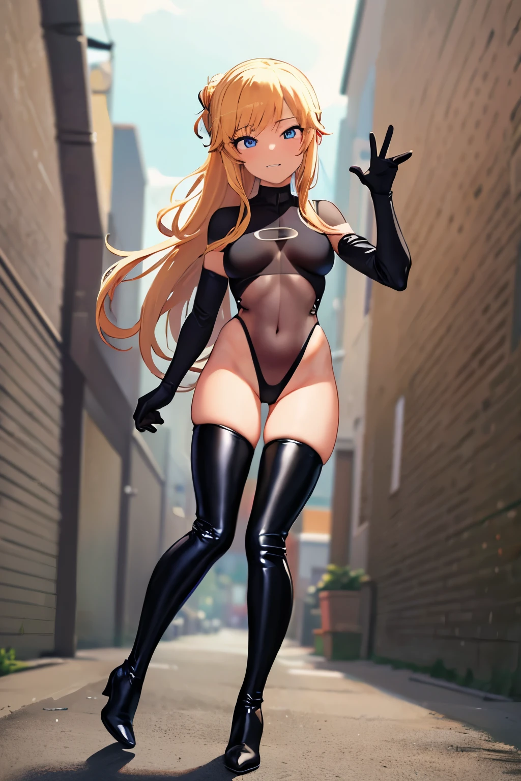 Beautiful girl with piercing blue eyes, Long blonde hair tied in a ponytail, Look directly at the viewer, Grin, Female Combatant, Hollow Eyes, brainwashing, masterpiece, High Quality Model, Narrow Alley, (((black satin Bodysuit), full Bodysuit, ((Costume without decoration, Full-body outfit Black tights, Black Gloves, Thigh-high boots)), belt)), ohtsuki yui