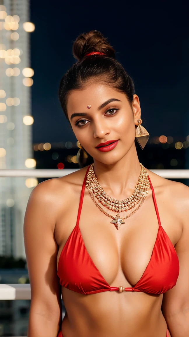 from bottom view, extreme close up photo of Pooja hegde, swooping breasts, deep cleavage, standing with wide open spread legs on garden, denim jacket and red lace bra, necklace, (cinematic:1.3), intricate details, (ArtStation:1.2) nice clevage seductive poses red lips perfect breast nipples